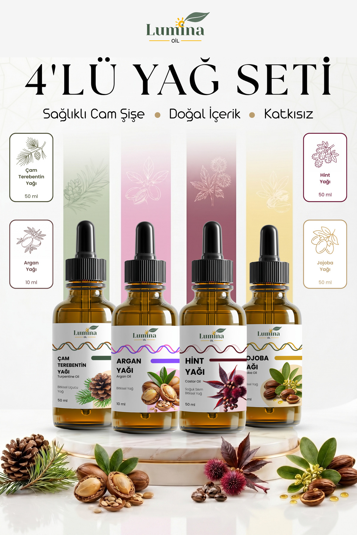 LUMİNAOİL Çok Amaçlı Saç Bakım Seti 4'Lü Doğal Yağ Serisi | Argan | Jojoba | Hint | Çam Terebentin