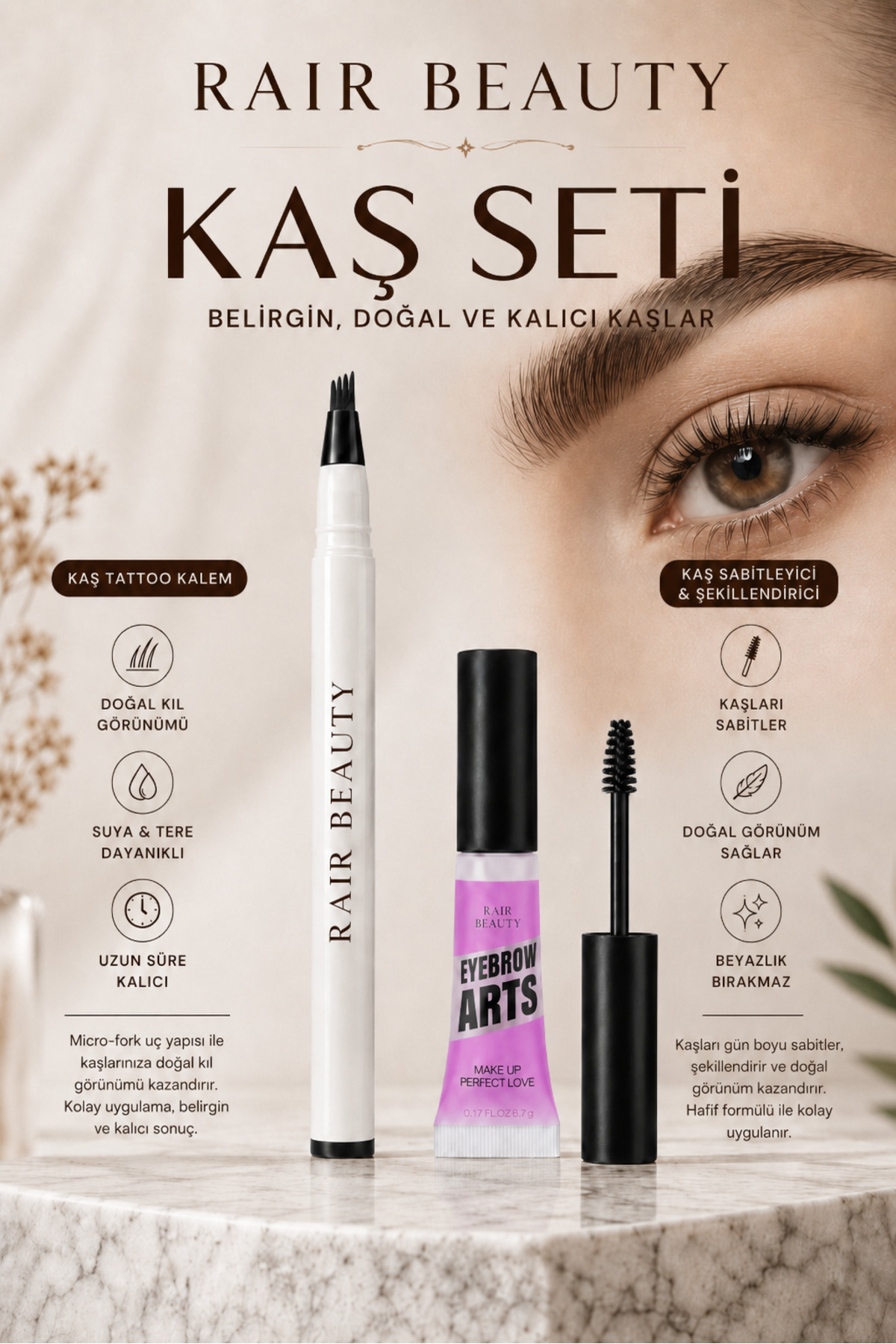 RAİR BEAUTY Kahverengi Mikroblading Ucu Tırtıklı Kalıcı Kaş Kalemi ve Şeffaf Kaş Sabitleyici İkili Set