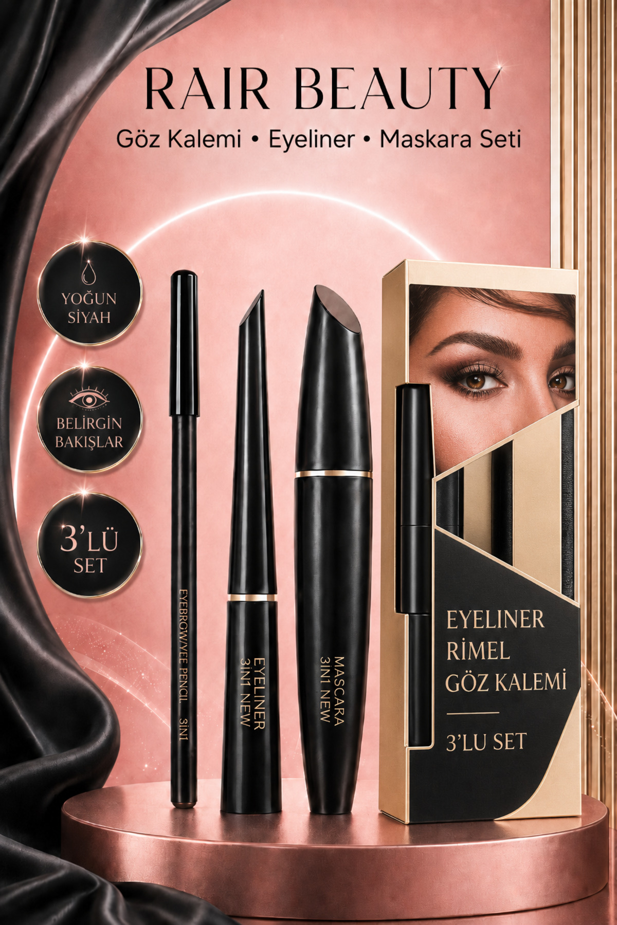 RAİR BEAUTY 3in1 Maskara-Göz Kalemi-Eyeliner Seti Suya Dayanıklı