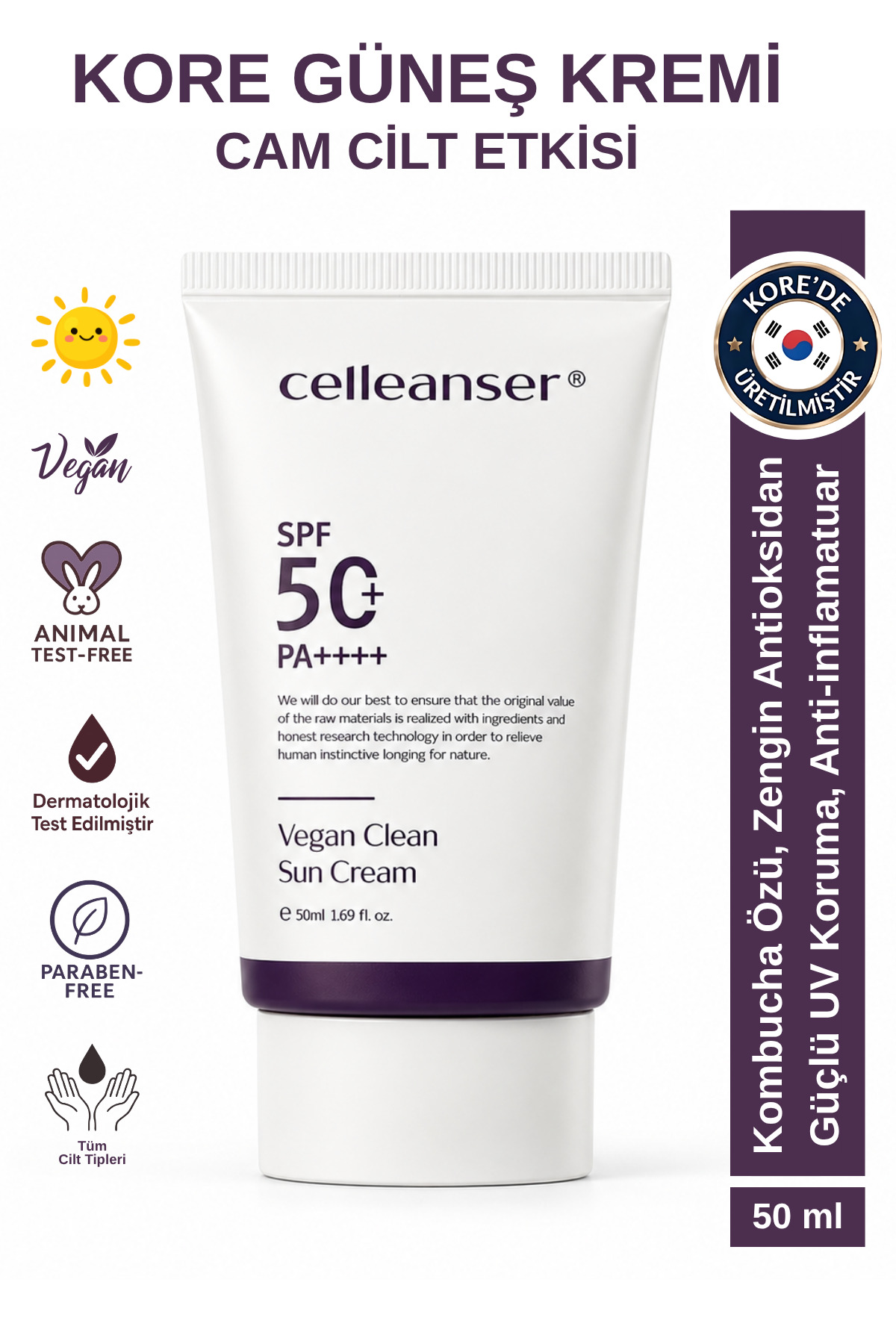 celleanser Kore Vegan Güneş Kremi - Cam Cilt Görünümü Veren Ve 100.000 Ppm Kombucha Içeren Nemlendirici, Antioksidan
