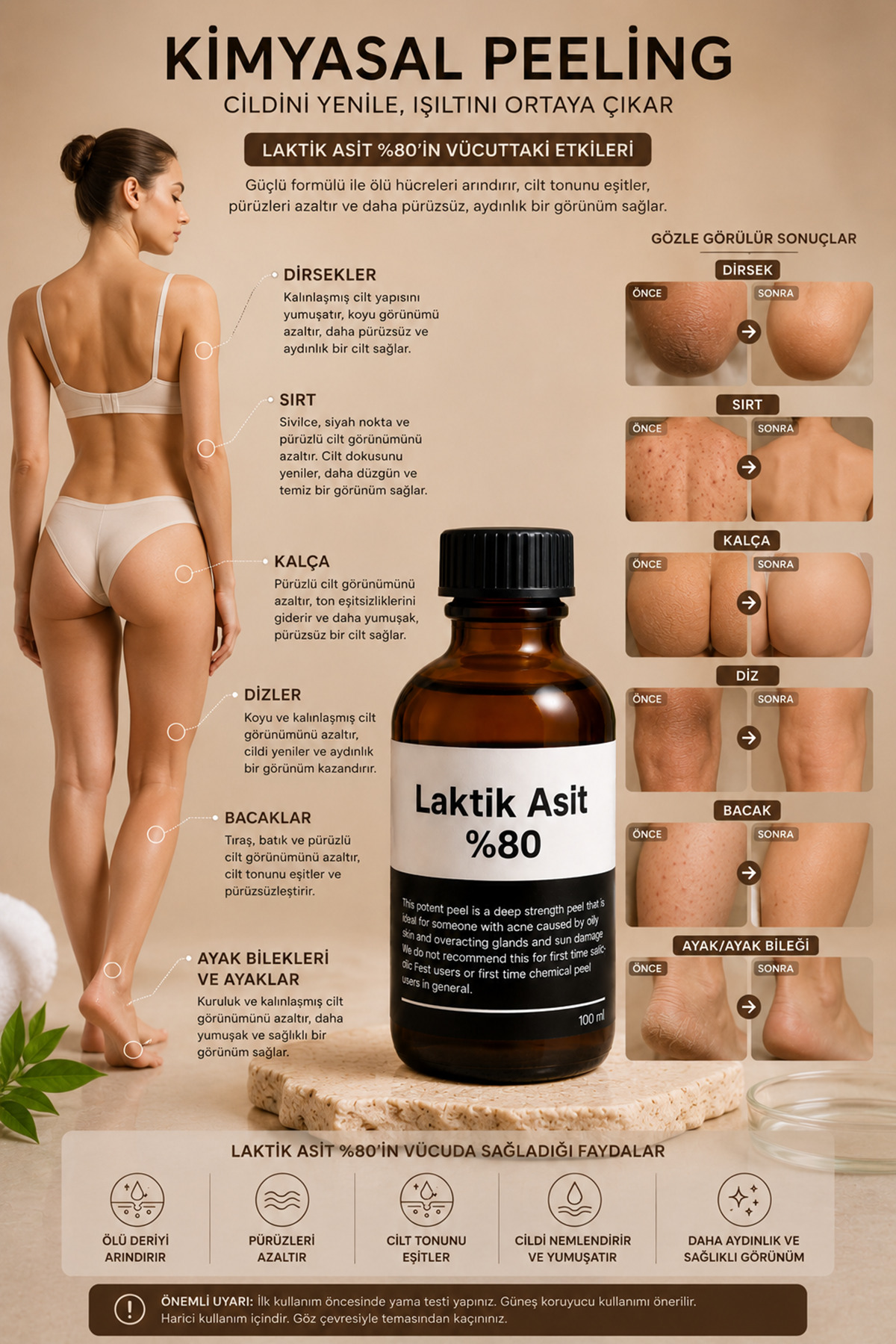 Puredermine %80 laktik Asit Diz, Dirsek, Koltuk Altı, Sırt ve Bacak Bölgelerinde Oluşan Kararma ve & Güçlü Kimyasal Peeling