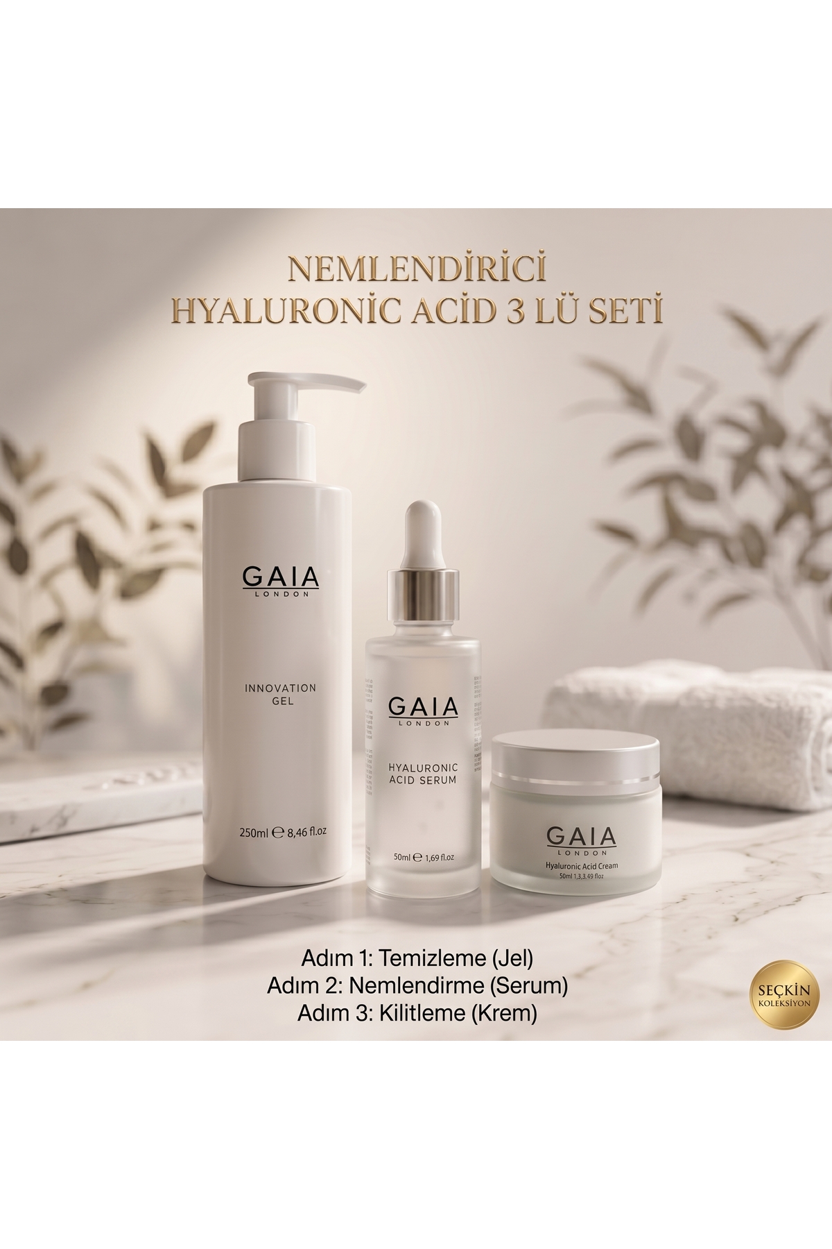 Gaia London NEMLENDİRİCİ BAKIM SETİ ( Hyaluronıc Acid) 3 lü Set(Hyaluronıc Krem-Hyaluronıc Serum-Innavatıon Jel)