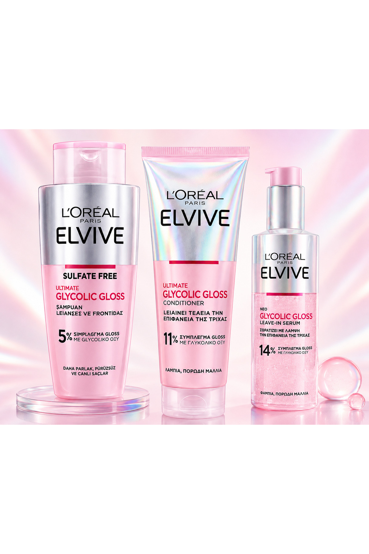 L'Oreal Paris Elvive Glycolic Gloss Parlak Veren Saç Bakım Rutini Seti: Şampuan, Saç Kremi, Bakım Spreyi