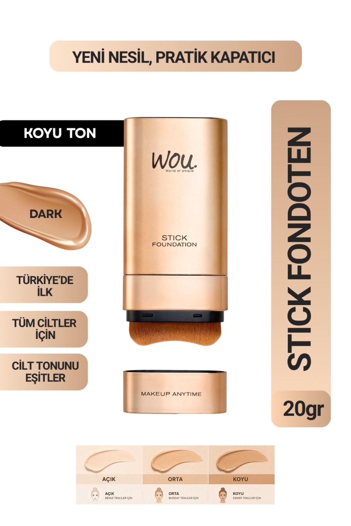WOU World of Unique Stick Fondöten, Fırçalı Pratik Kapatıcı, 2 in 1, 20 gr, Koyu Ton