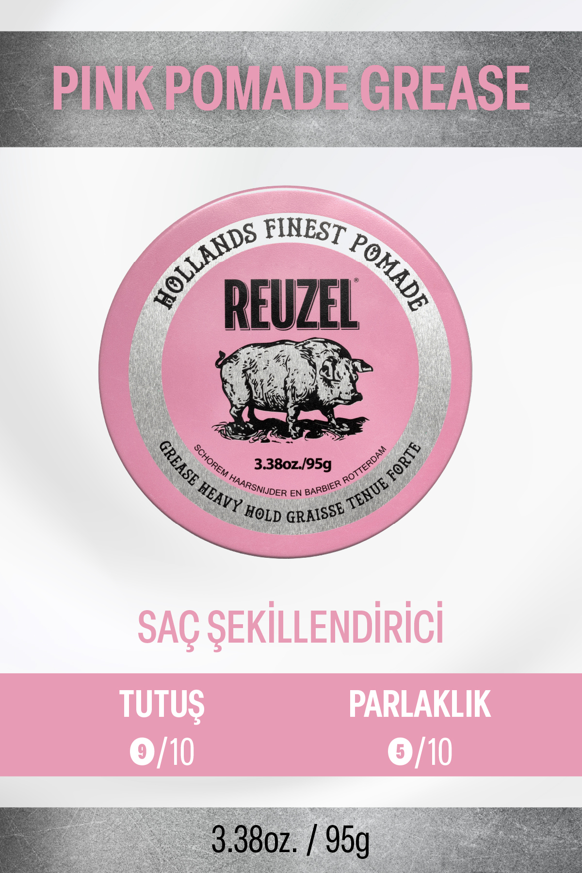 Reuzel Tüm Saç Tipleri için Pembe Pomade Water Soluble Saç Şekillendirici 3.38oz/95g