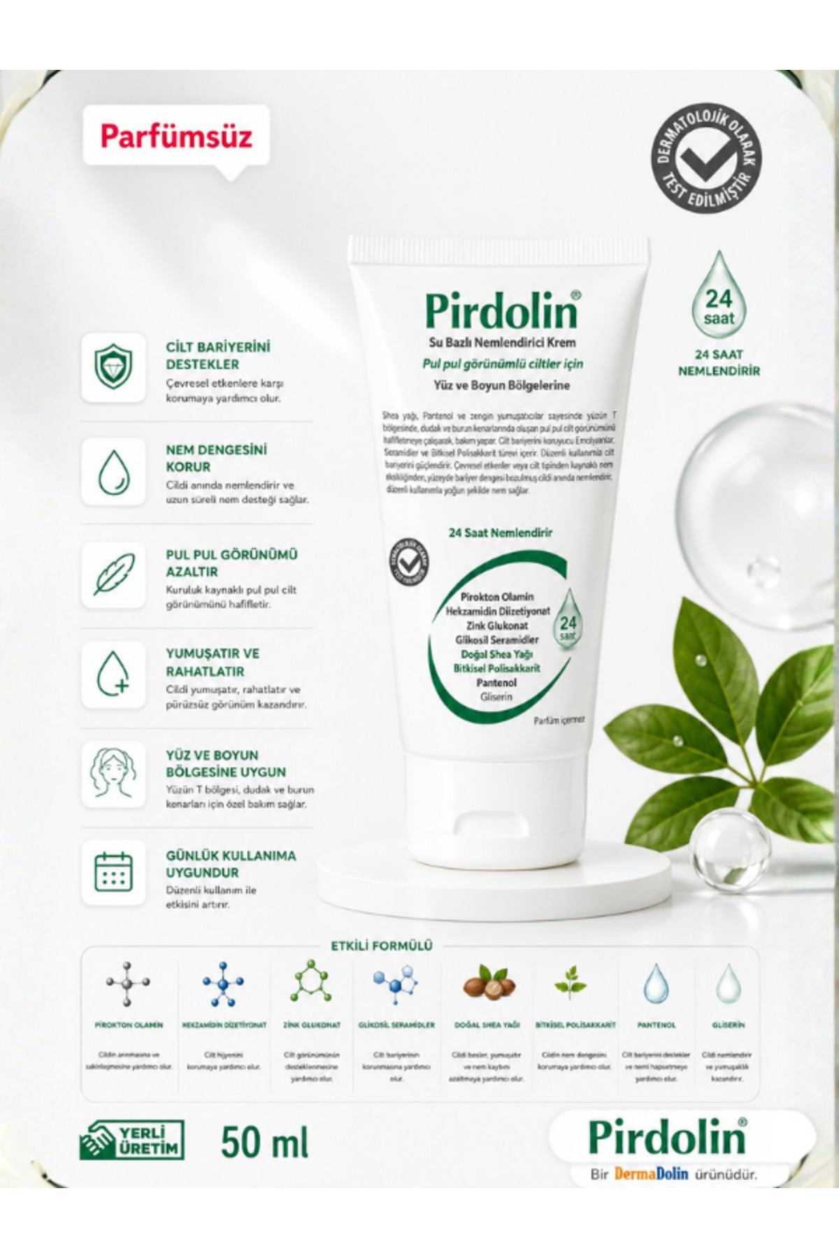 Dermadolin Pirdolin Parfümsüz Su Bazlı Nemlendirici Krem 50 ML | Pul Pul Görünümlü Ciltler İçin Bakım Kremi