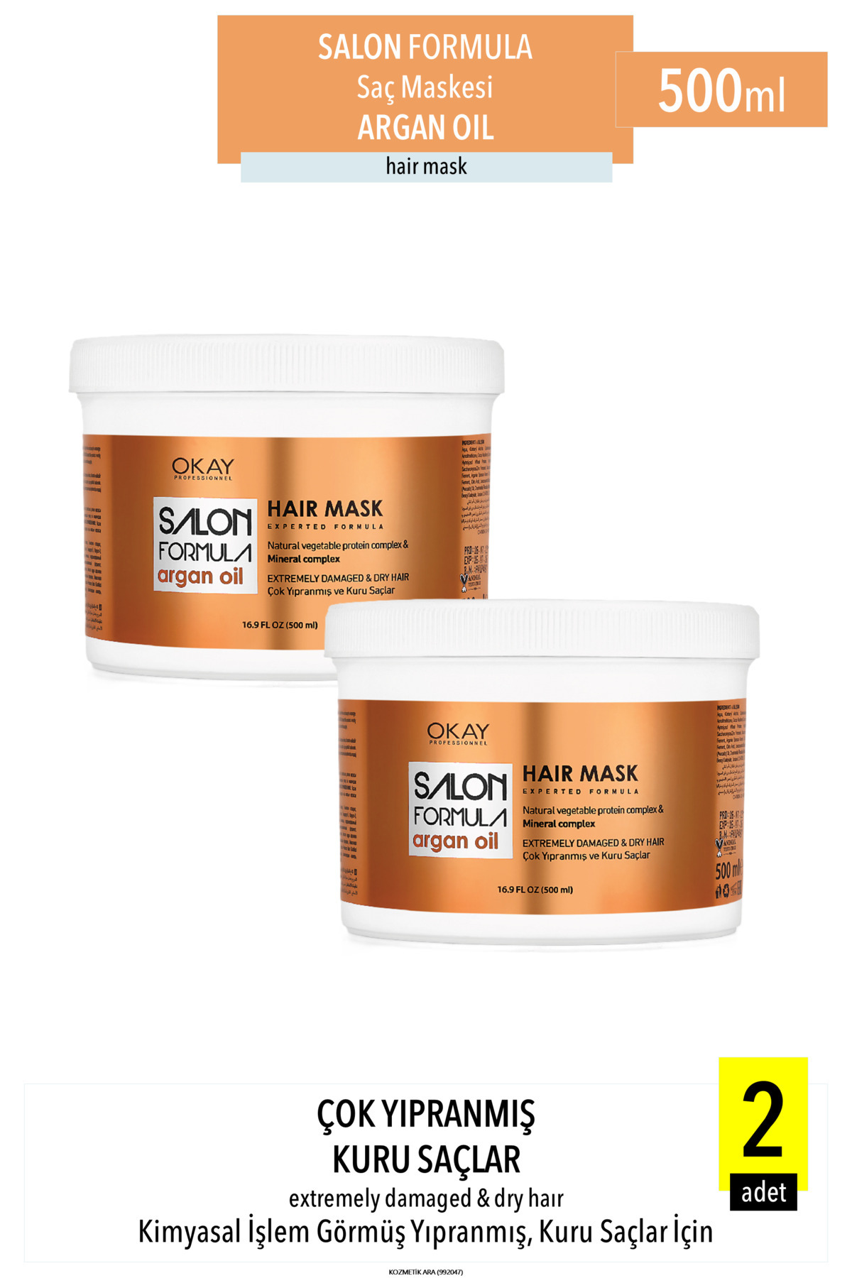 OKAYPROFESSIONNEL SALON FORMULA Çok Yıpranmış ve Kuru Saçlar İçin 2'li ARGAN Saç Maskesi (500ml x 2 adet)