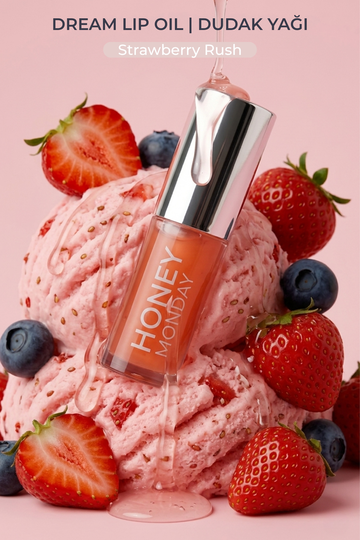 HONEY MONDAY Dolgun, Nemli, Pürüzsüz, Parlak Dudaklar için UV Filtreli Hyaluronik Asit Bitkisel Yağlar İçeren Çilekli Dudak Yağı 6 ml