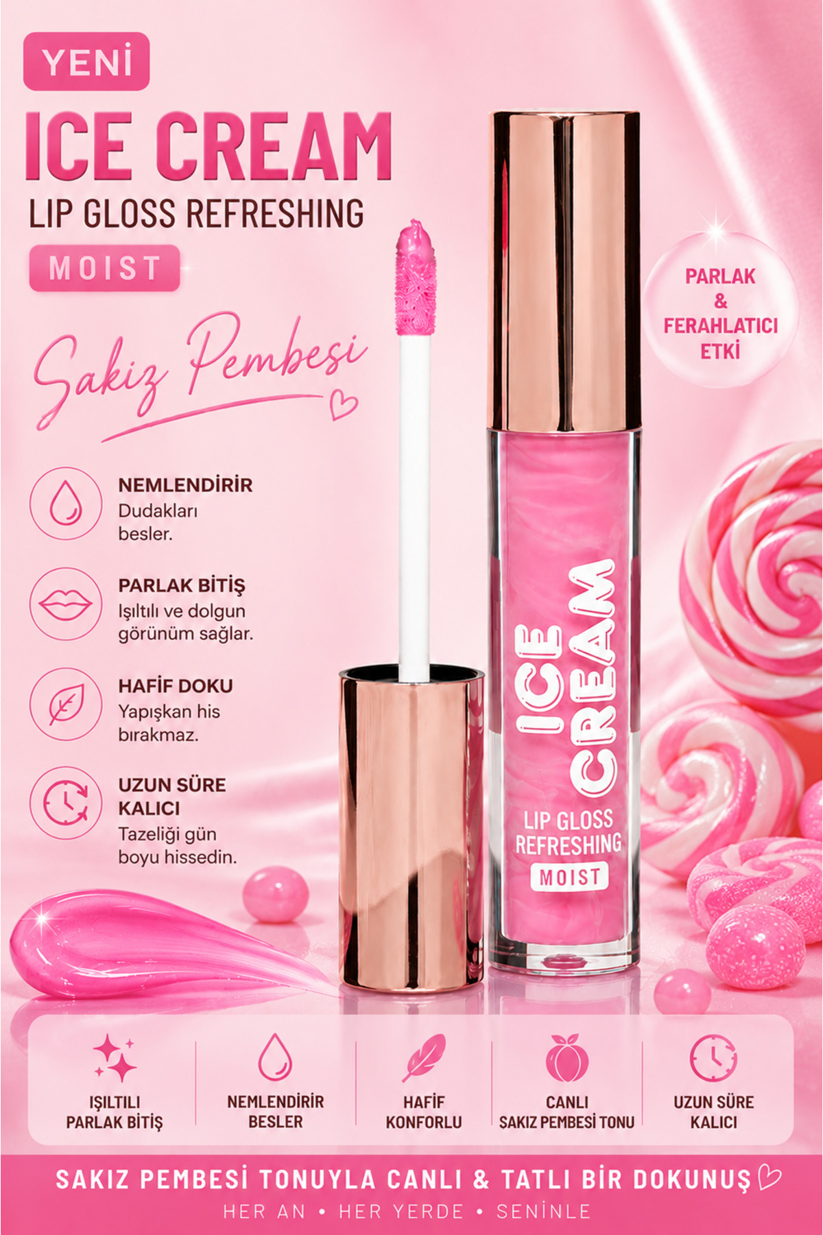 SETBEAUTY SAKIZ PEMBESİ SİMLİ RENKLİ DUDAK PARLATICI RUJ – ICE CREAM LİP GLOSS