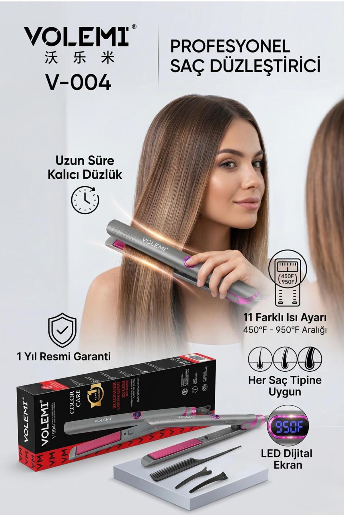 VOLEMİ Vm-004 Profesyonel Seramik Dar Plakalı Saç Düzleştirici Hızlı Isınma Dijital LED Ekran