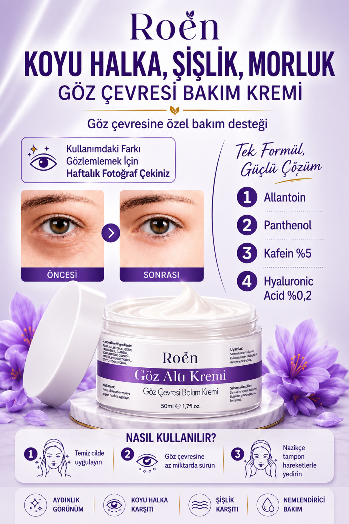 Roen Göz Altı Morluk Kremi - Kafein %5 Aydınlatıcı Torba & Şişlik Giderici Koyu Halka Karşıtı Bakım 50 ml