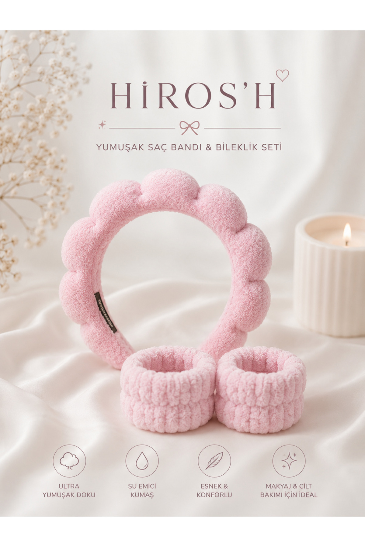HİROS'H Premium Havlu Kumaş Bombeli Spa Makyaj Tacı Ve Yüz Yıkama Bileklik Makyaj Cilt Bakımı Makyaj Seti
