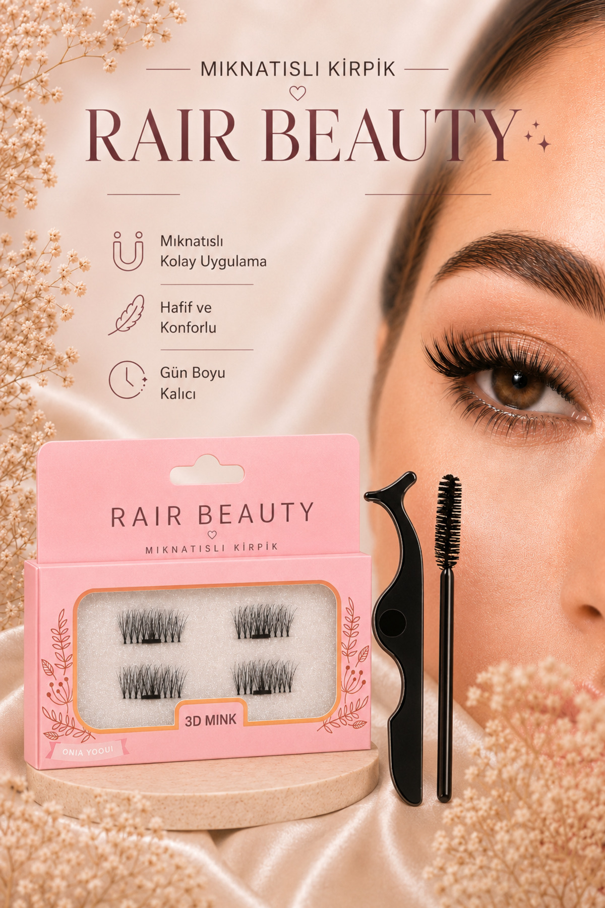 RAİR BEAUTY Mıknatıslı Takma Kirpik ve Kirpik Takma Cımbızı, Kaş ve Kirpik Fırçası Set