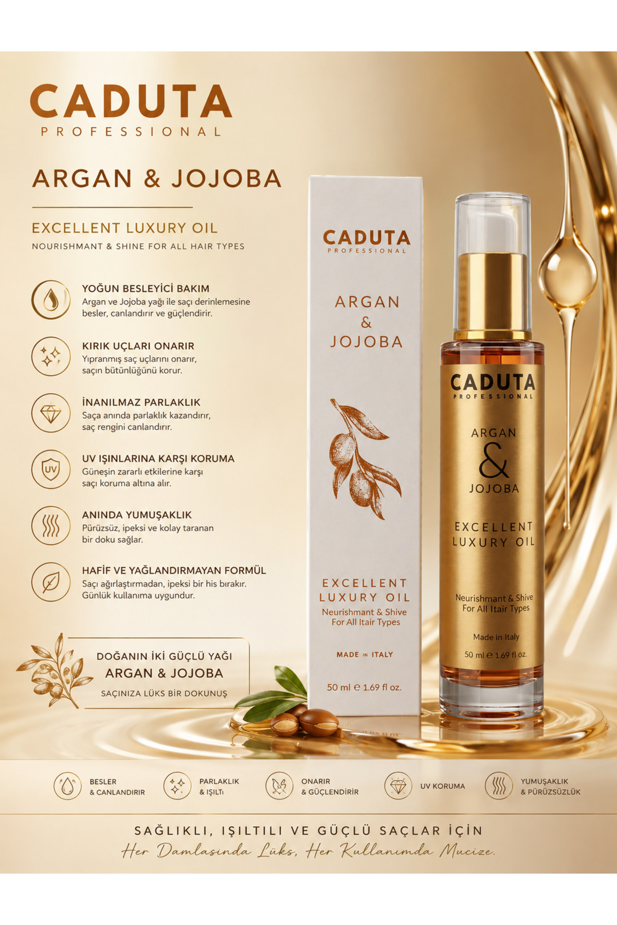 CADUTA PROFESSIONAL Onarıcı Ve Besleyici Saç Bakım Yağı Excellent Luxury Argan & Jojoba Oıl 50ml