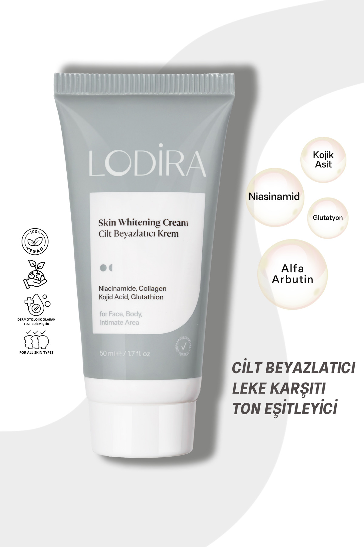 Lodira Cosmetic Cilt Beyazlatıcı, Leke karşıtı, Aydınlatıcı Krem Glutatyon, Kolajen & Kojik Asitli 50 ml