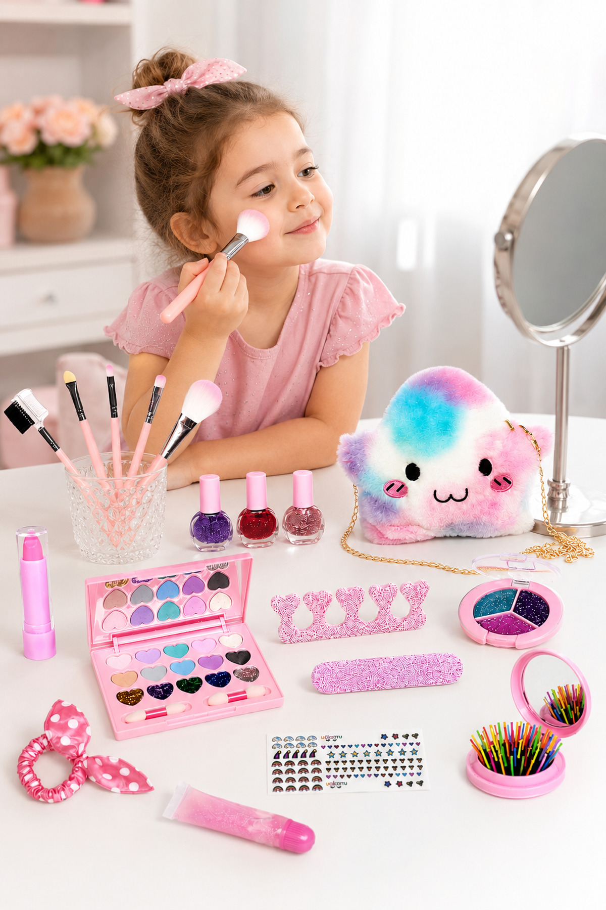 Bloomie Çocuk Makyaj Güzellik Seti Sürülebilir Çoklu Makyaj Malzemeleri ve Askılı Peluş Çantalı Stickerlı