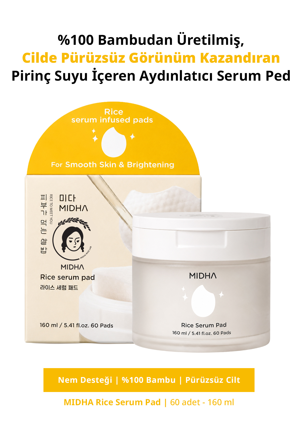 MIDHA Rice Essence (KOREANDBEAUTY) Toner Pad | Cilt Dengeleyici Pirinç Esanslı Toner Ped 60 Adet