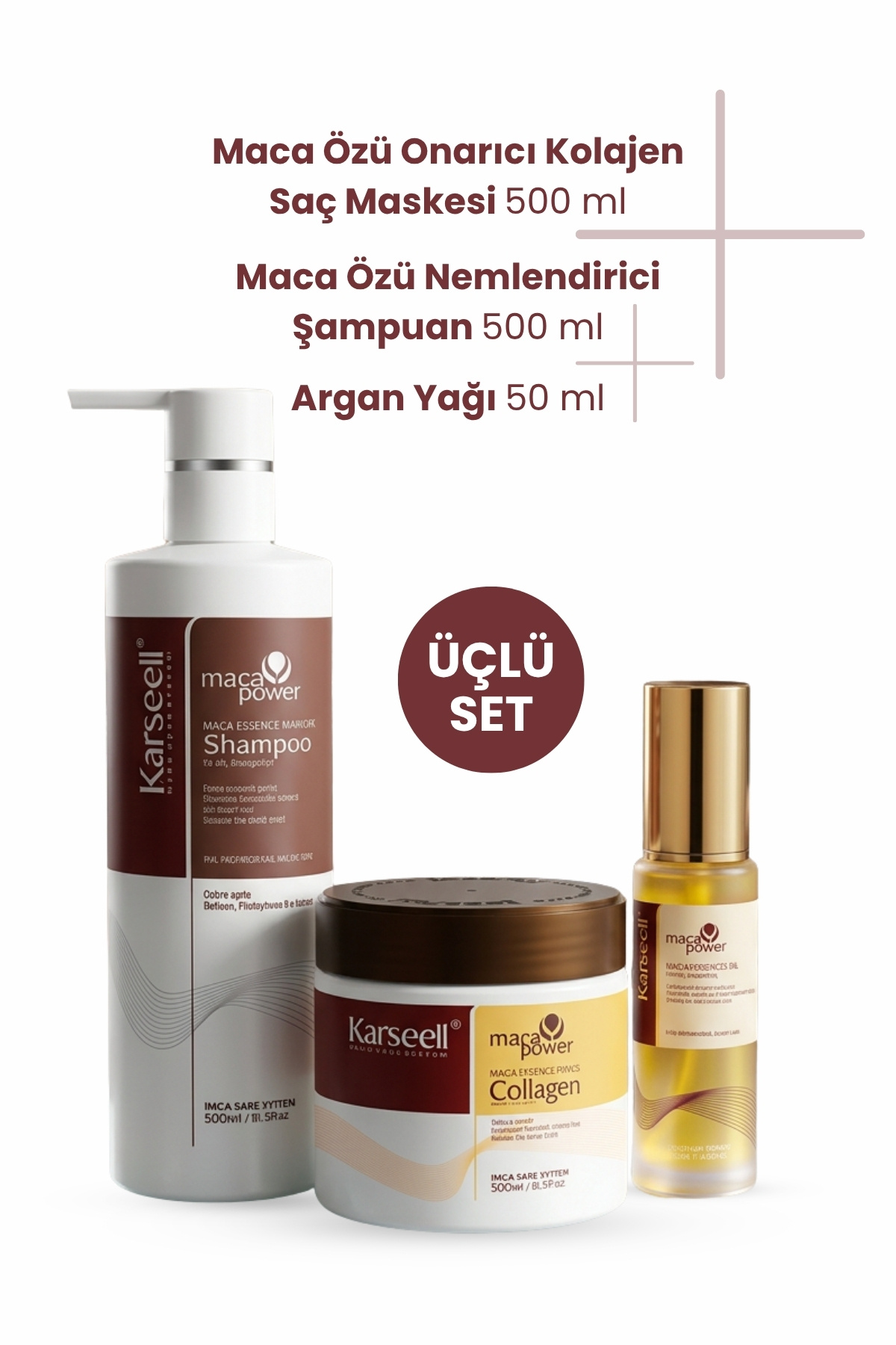 KARSEELL Maca Özlü Saç Maskesi 500 ml Şampuan 500 ml Saç Bakım Yağı 50 ml