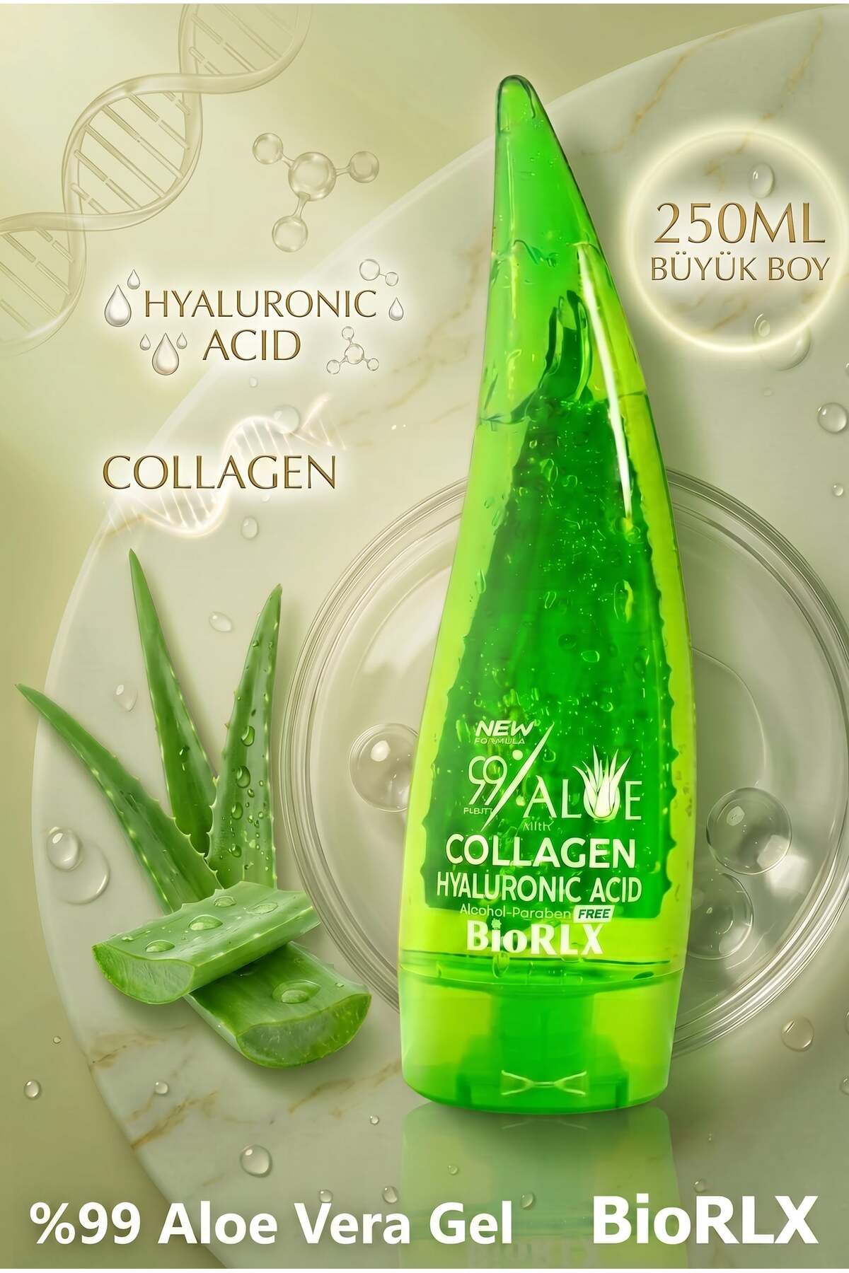 BioRLX %99 Saflıkta Aloe Vera Jeli+ Kollajen + Hyaluronik Asit 250ml / Yüz, Vücut ve Saç Bakımı