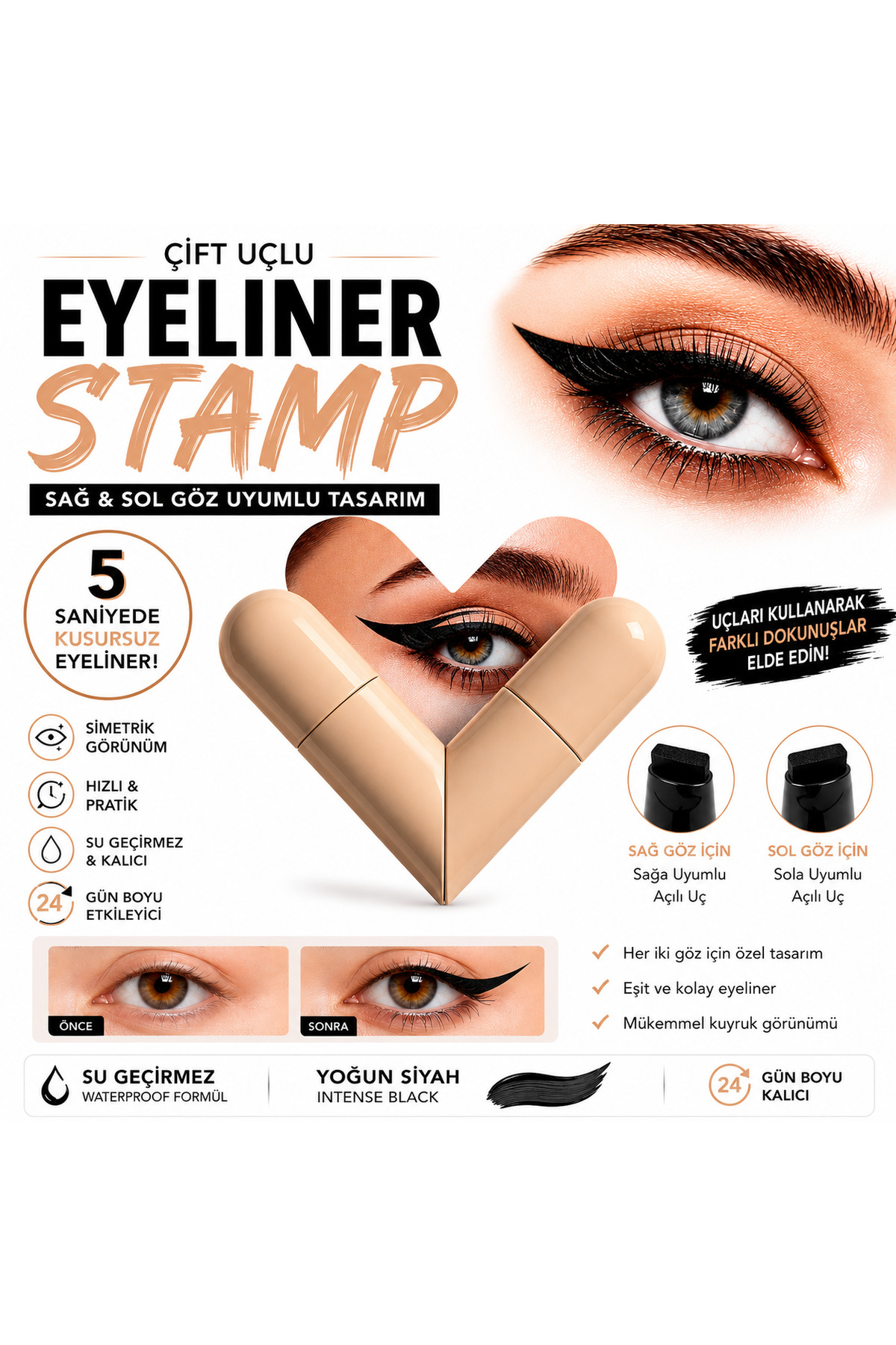ROWENAROSE SİYAH- Suya Dayanıklı Çift Taraflı Eyeliner Damga Kalem Sağ Ve Sol Göz Uyumlu