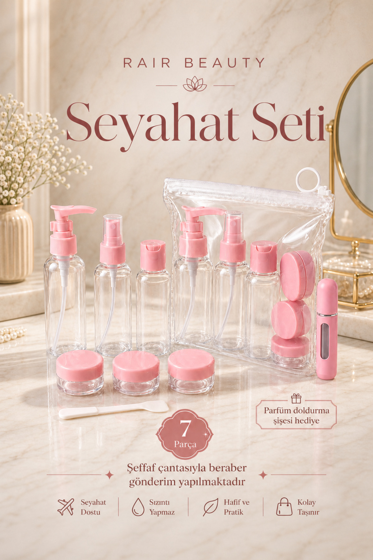RAİR BEAUTY Seyahat Seti 7'li Şeffaf Çantalı Karışık Renkler