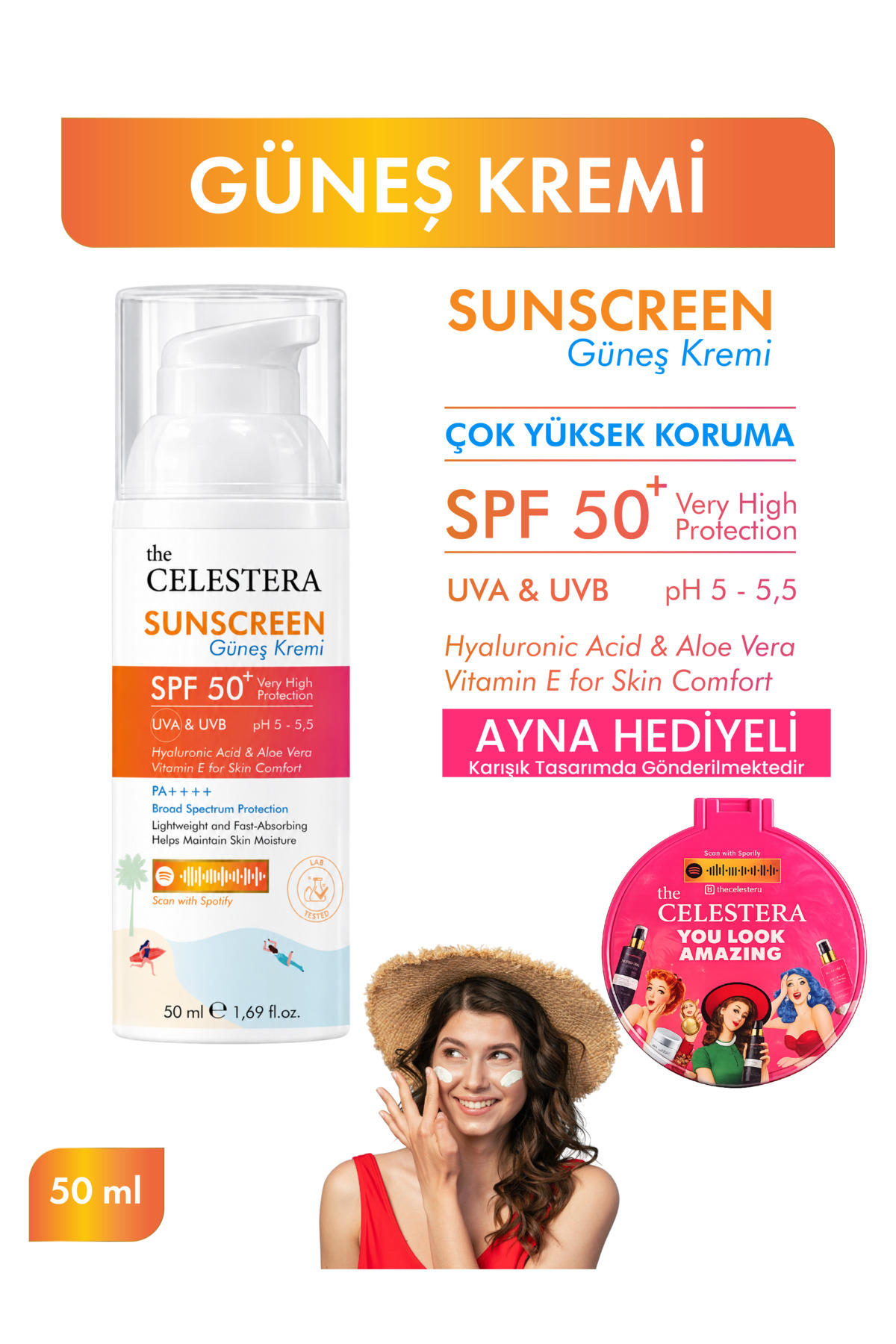 The Celestera SPF 50+ Çok Yüksek Koruma Güneş Kremi UVA & UVB Aloe Vera, Hyaluronik Asit ve E Vitamini 50 ml
