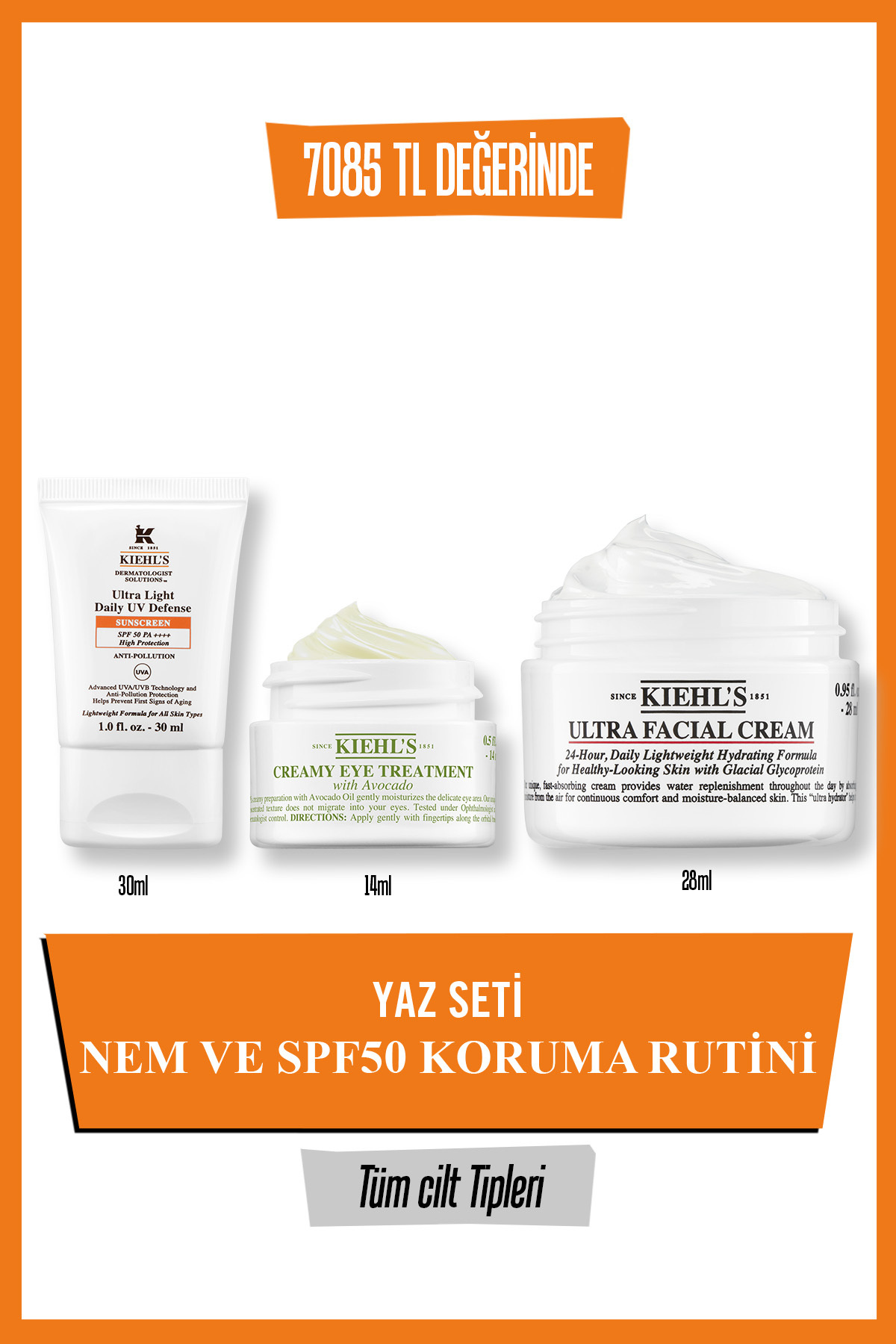 Kiehl's SPF50 Güneş Kremi, Avokado Göz Kremi ve Ultra Facial Nemlendirici Üçlü Yaz Seti