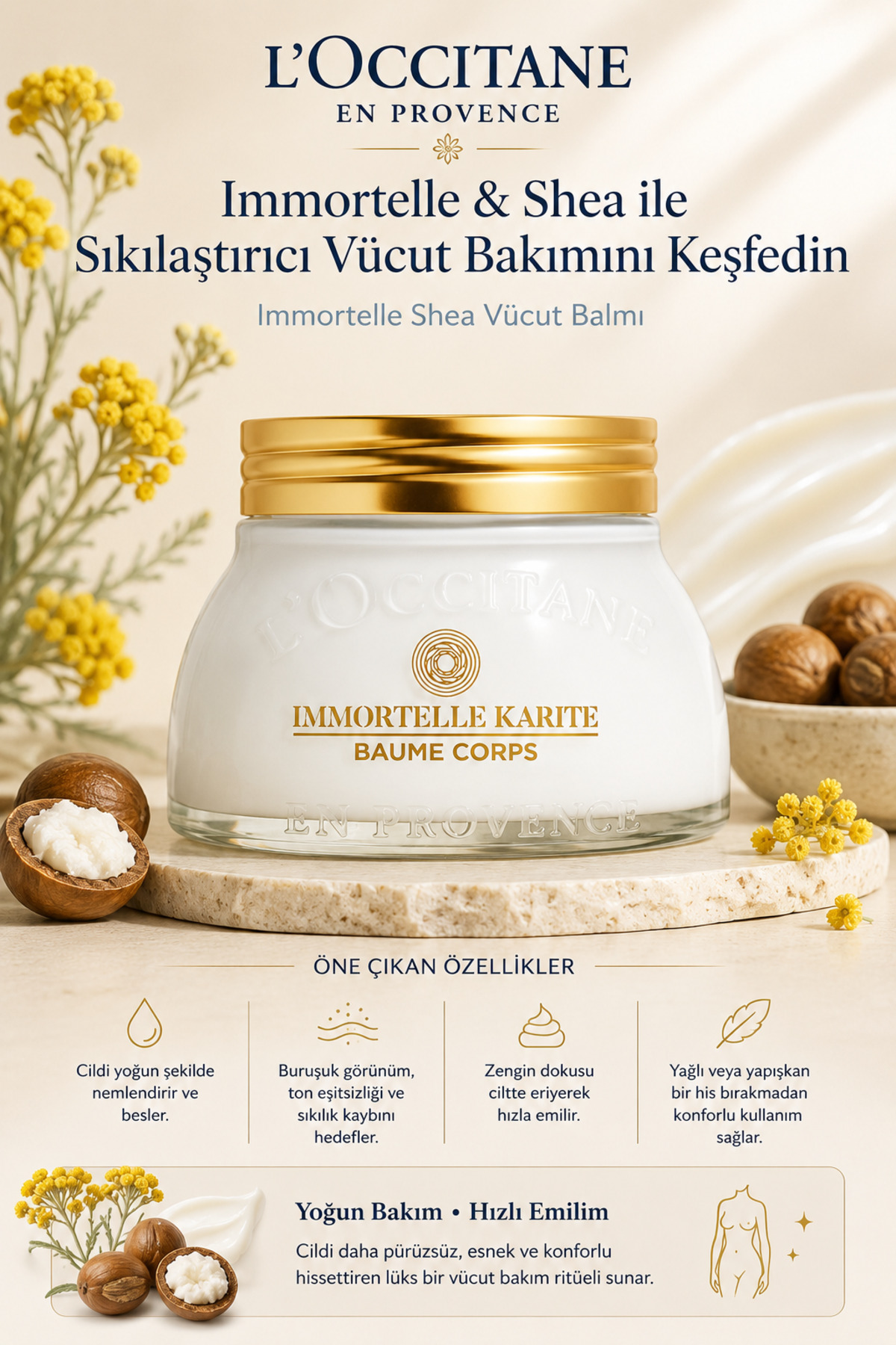 L'Occitane Immortelle Shea Yaşlanma Karşıtı Vücut Kremi, Ölmezotu Yağı İçeren, 200 ml