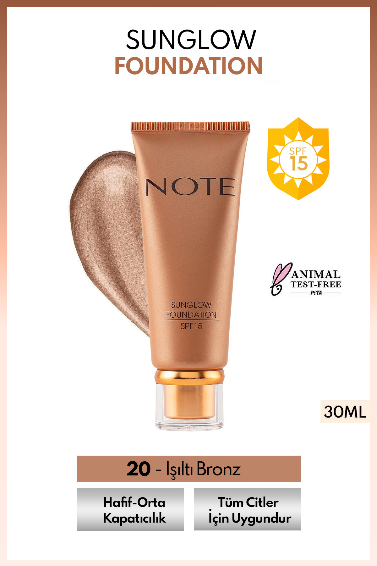 NOTE Sunglow Foundation Spf 15 Işıltılı Bronzlaştırıcı Fondöten - 20 Orta