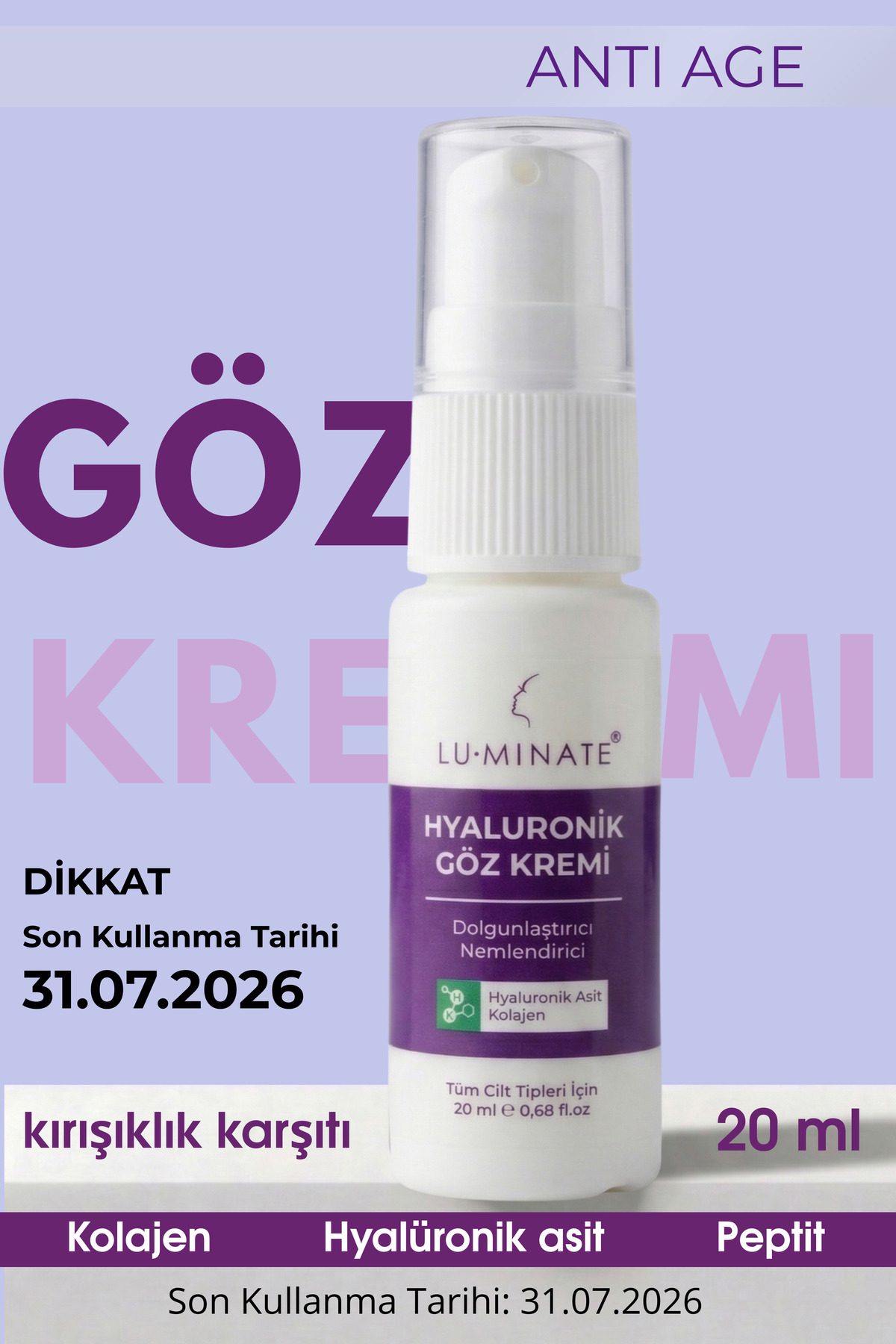 Luminate Göz Altı Kremi Kırışıklık Ve Morluk Karşıtı Göz Çevresi Nemlendirici Kolajen Peptit Gözaltı Bakım