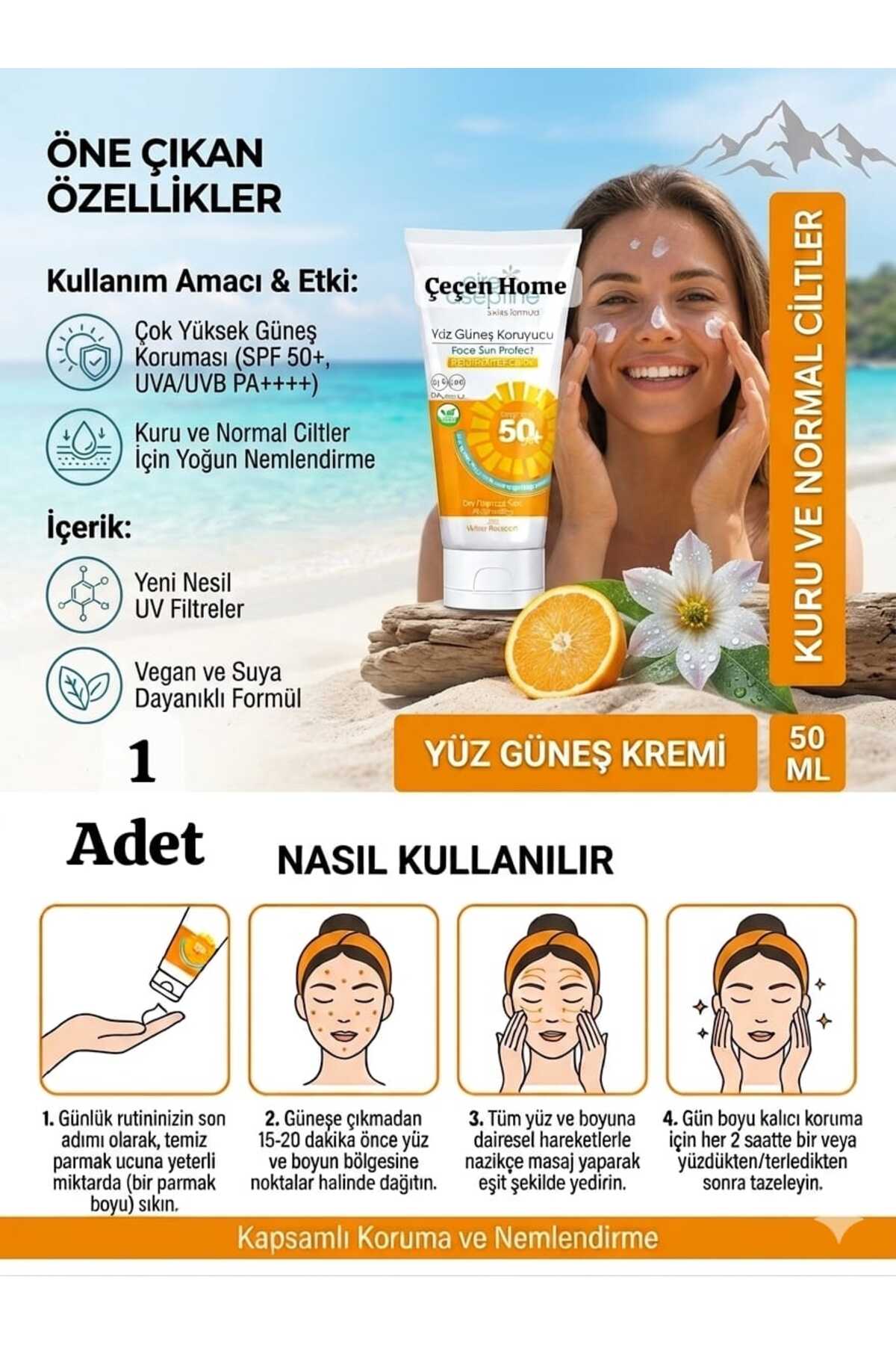ÇEÇEN HOME (1 Adet) Çok Yönlü Yüksek Korumalı Güneş Kremi 50+Spf , UVA-UVB Filtreli Yüz Güneş Koruyucu 50ML Kuru/Normal Ciltler İçin 50 Faktör Yüz Güneş Kremi