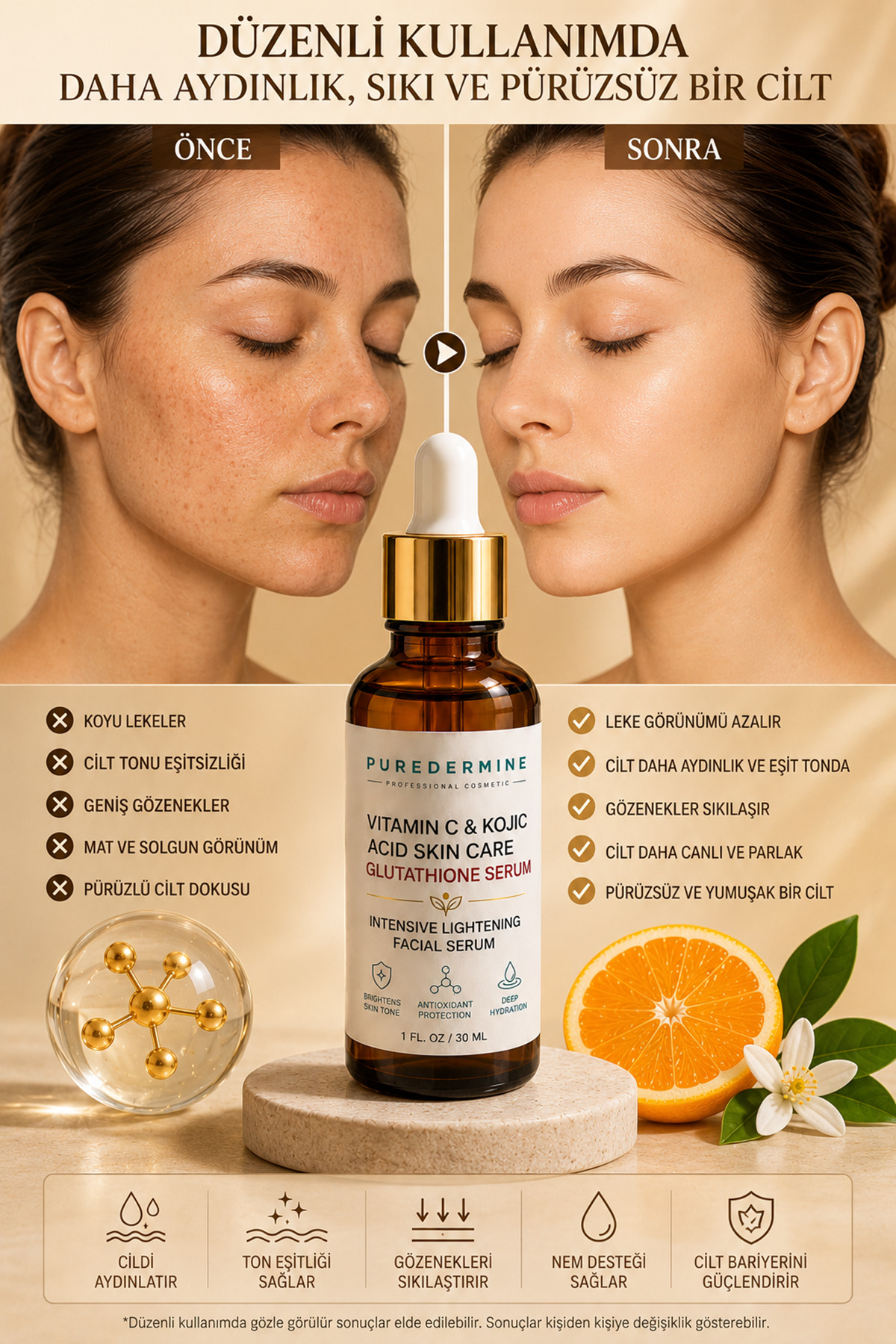 Puredermine Koyu Leke Görünümü Azaltıcı Vitamin C Serum Kojik Asit İçeren Cilt Aydınlatıcı Gözenek Karşıtı Yüz Bakım Serumu