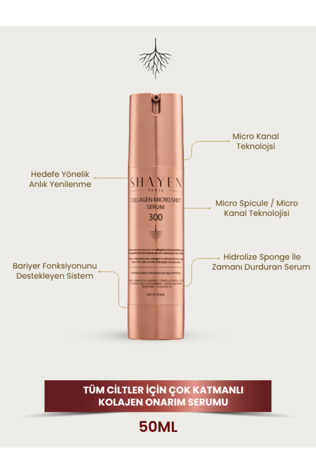 Shayen Paris Micro Kanal Teknolojisi™ Collagen Micro Shot Serum 300 - Spicule Teknolojisi Centella - Hydrolyzed Collagen Niacinamide Ceramide NP 50 ml