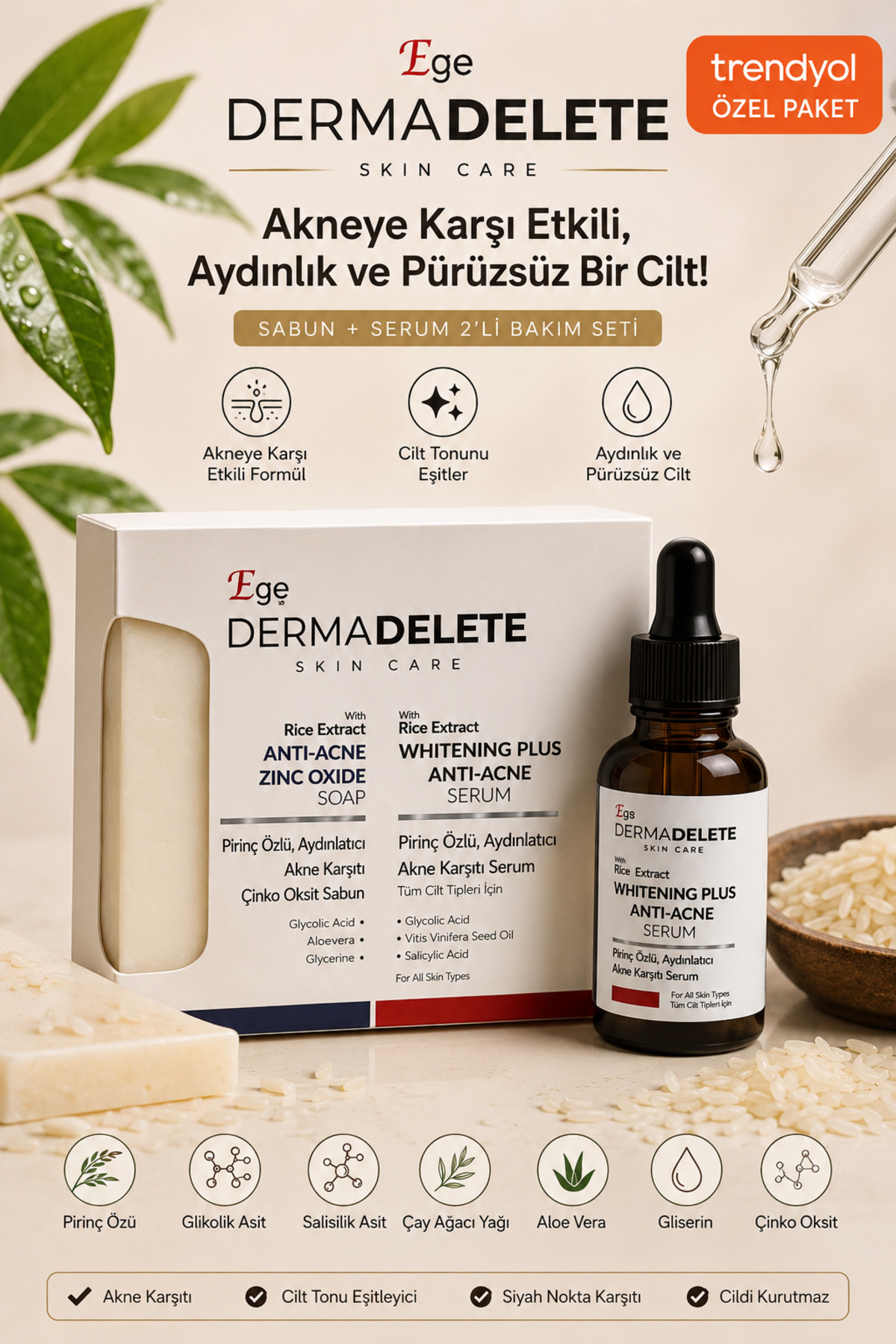 Egş DERMA delete ANTİ-ACNE SET (sabun+serum) akne karşıtı aydınlatıcı acne lekeleri
