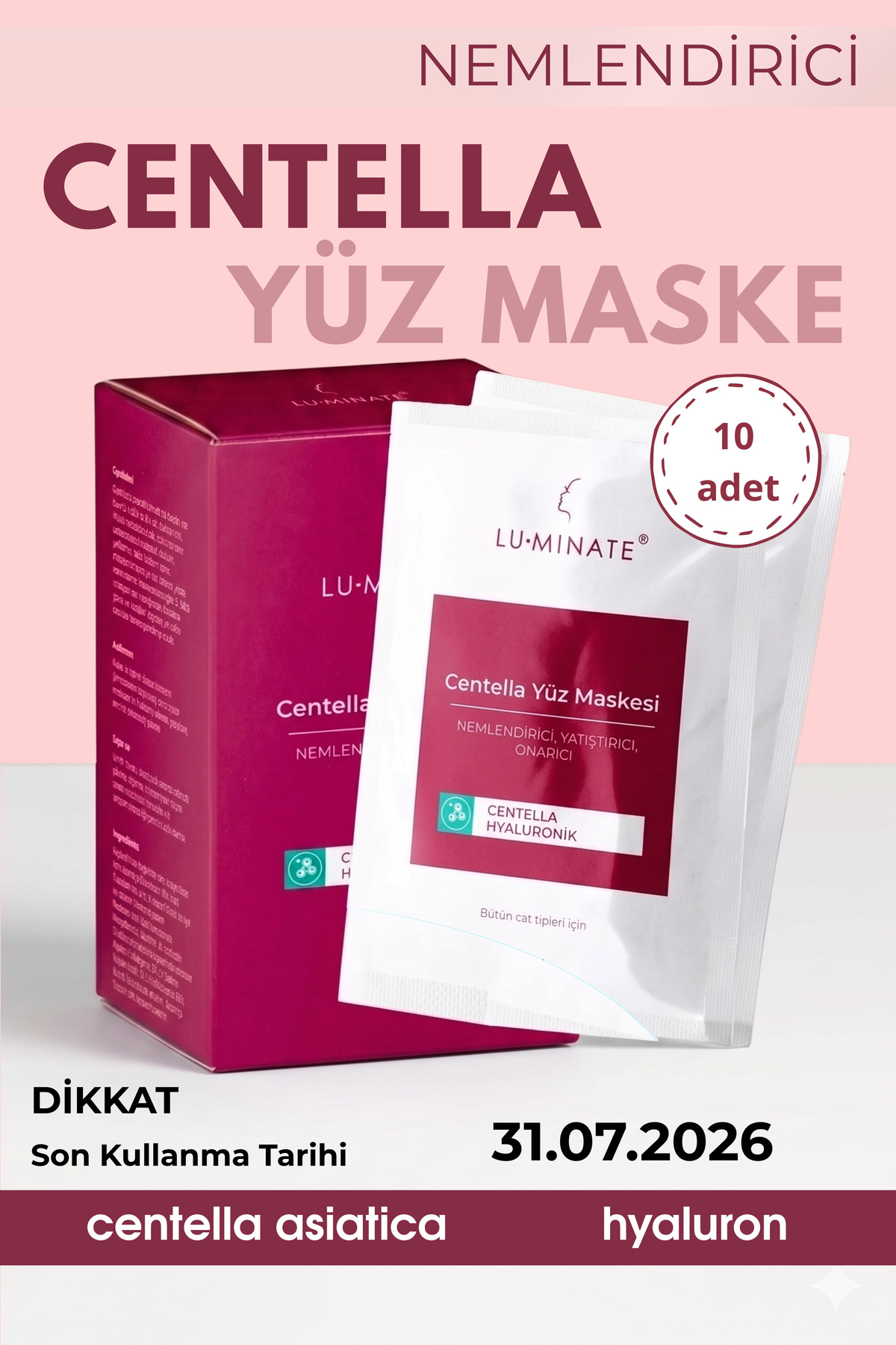 Luminate Centella Cica Krem Yüz Maskesi 10'lu Hyalüronik Asit Shea Yağı Yatıştırıcı Nemlendirici Bakım