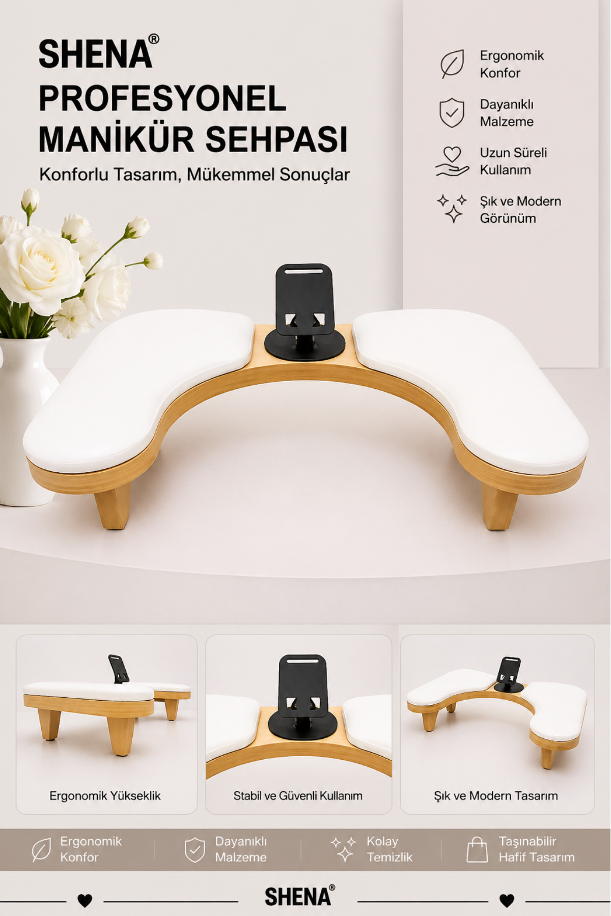 Shena Manikür Sehpası Telefon Tutacaklı U Tipi Sehpa - Tırnak, El & Kol Dayama Standı - Nail Art & Protez Tırnak Çalışma Sehpası