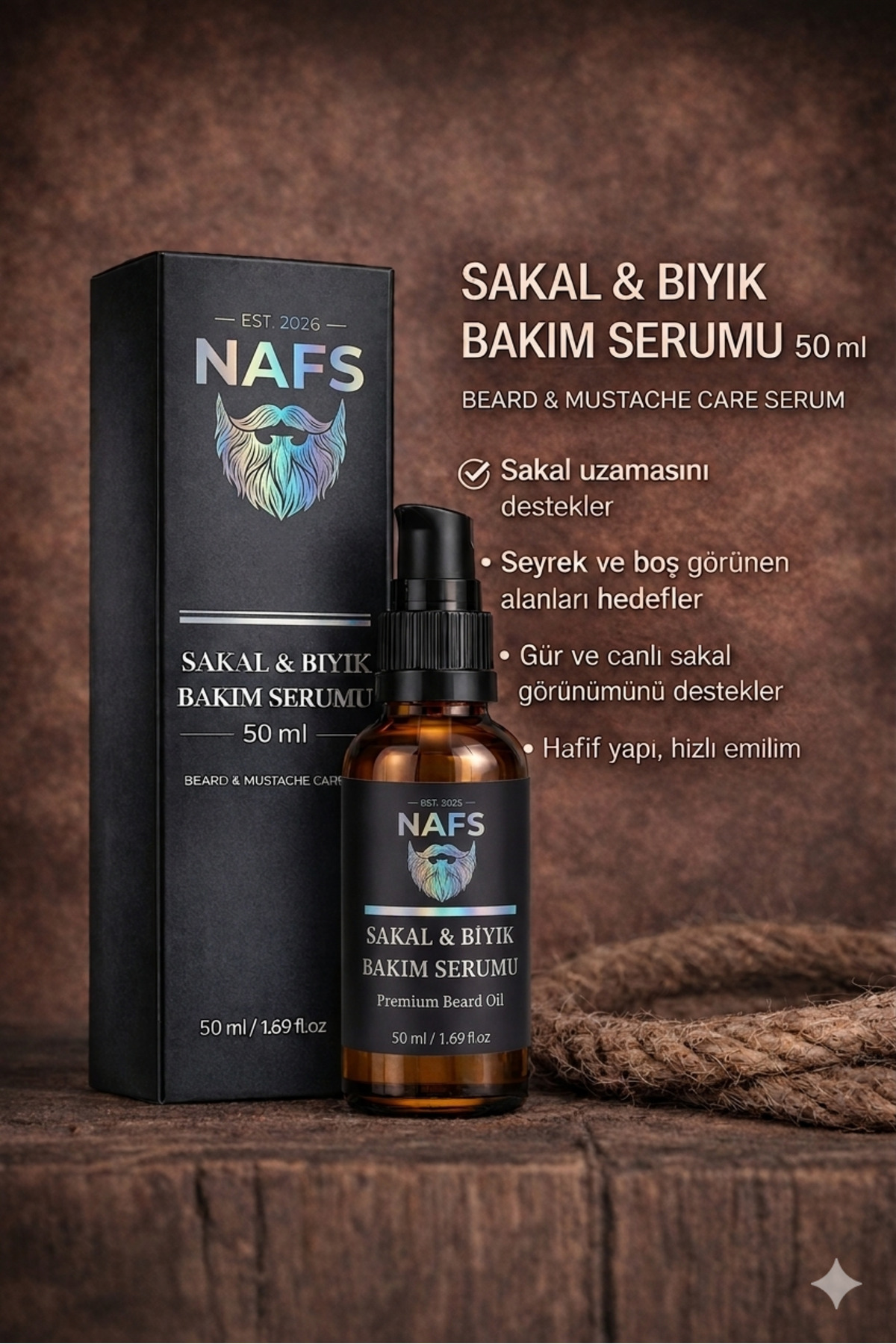 NAFS Sakal & Bıyık Bakım Serumu 50 ml – Hızlı Uzama Destekleyici, Gürleştirici & Seyrek Alan Bakımı