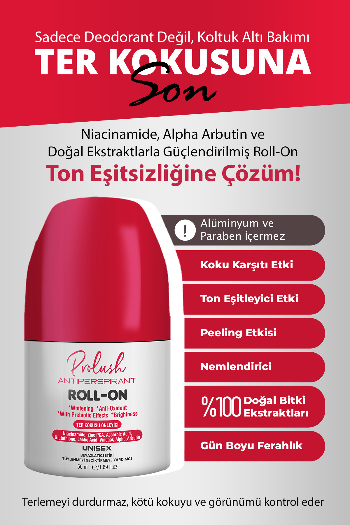 Prolush Koltuk Altı, Ter Kokusu Önleyici, Antiperspirant Beyazlatıcı Etkili, Ton Eşitleyici Unisex Roll On 50 ml