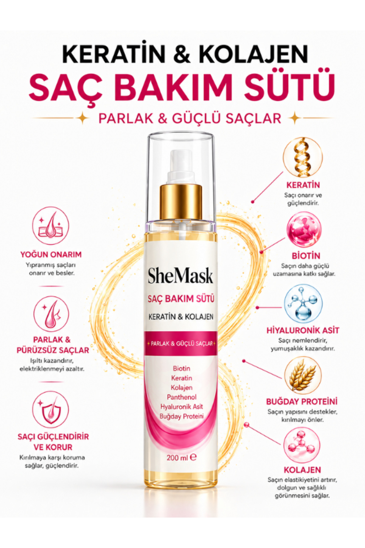 SheMask Keratin Saç Bakımı Saç Bakım Sütü Onarıcı Besleyici Saç Proteini Keratin Sütü Saç Bakım Spreyi Kolajenli Keratin Bakım Saç Keratini İşlem Görmüş Yıpranmış Saç Bakım Seti Saç Bakım Ürünleri