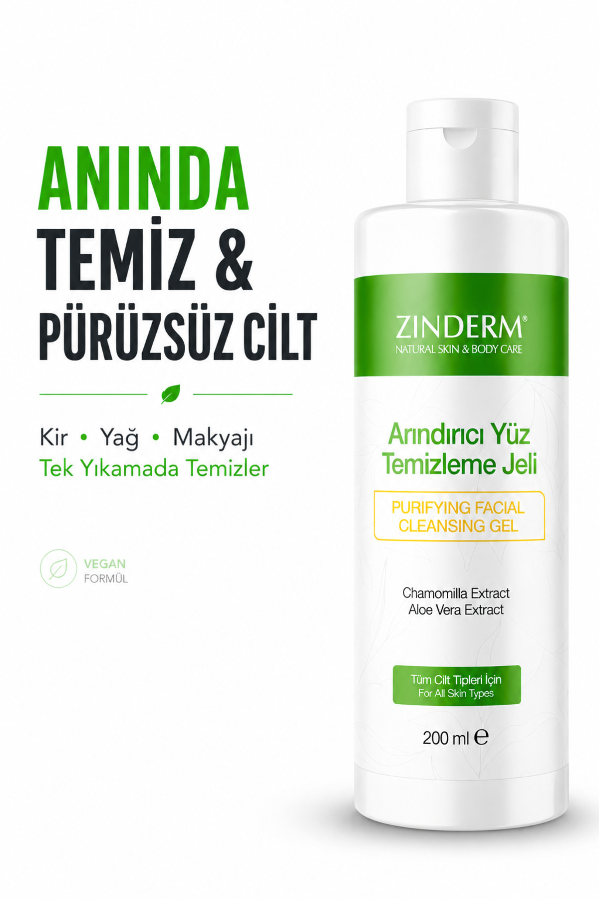 zinderm Arındırıcı Yüz Temizleme Jeli | Aloe Vera & Papatya Özlü - 200 ml | Sebum Dengeleyici