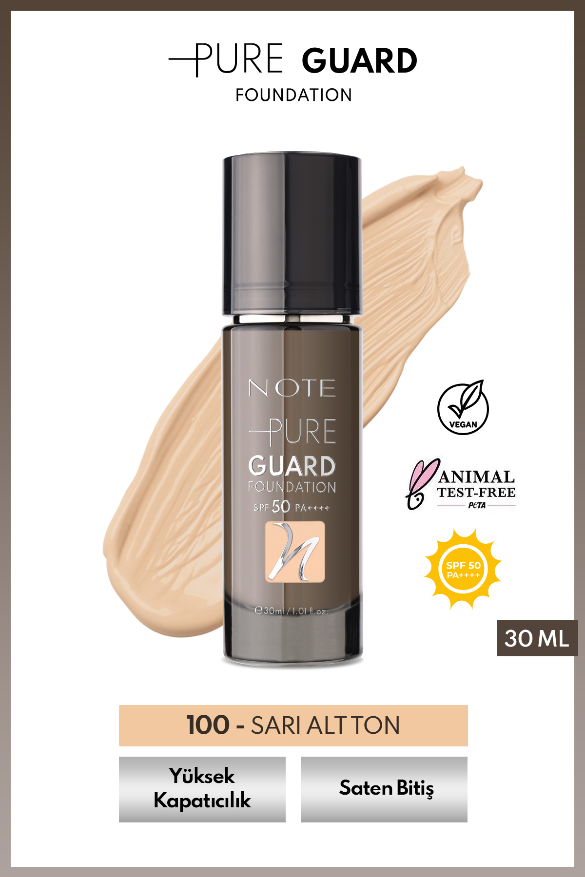 NOTE PureGuard Foundation 100 Glowing Beige SPF 50 Yoğun Kapatıcı Saten Bitişli Fondöten