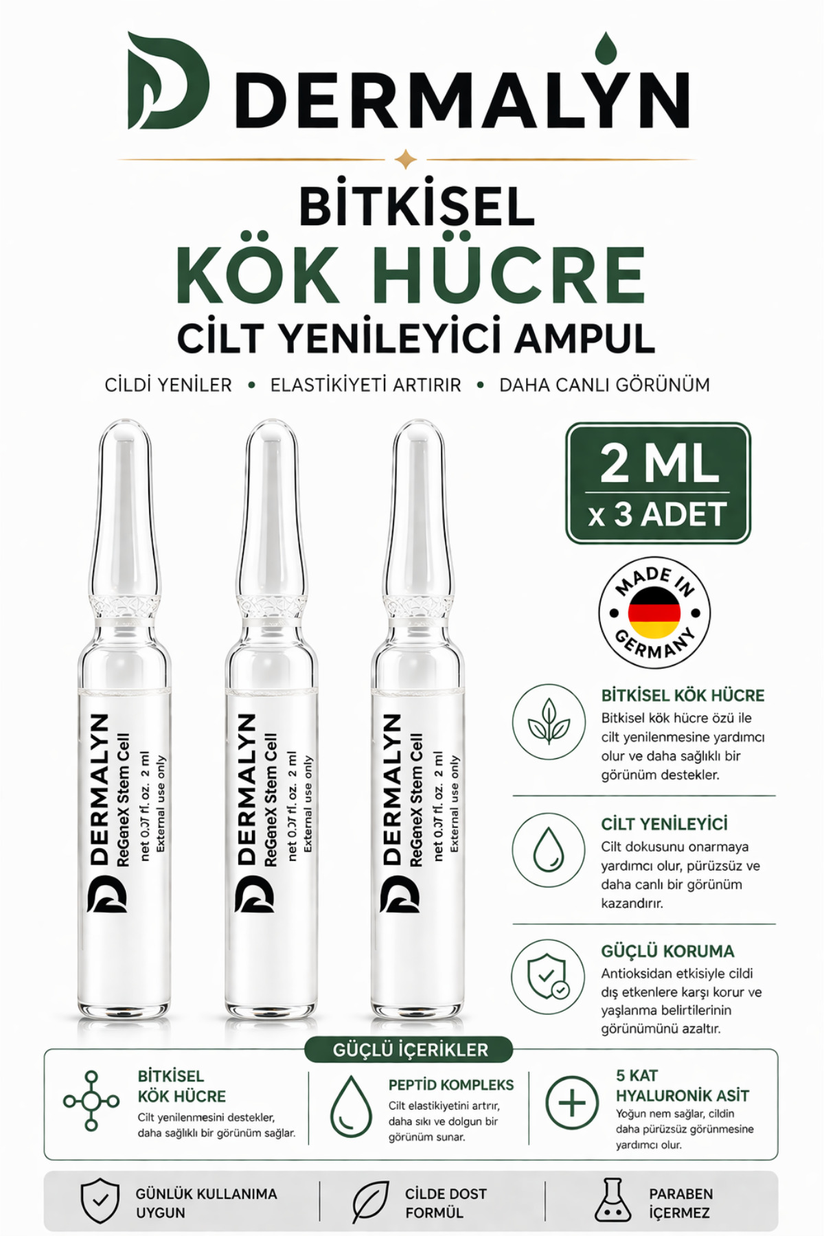 DERMALYN 3 Adet Bitkisel Kök Hücre Cilt Yenileyici Mimik Kırışıklık Yaşlanma Karşıtı Ampul Serum Dermaroller