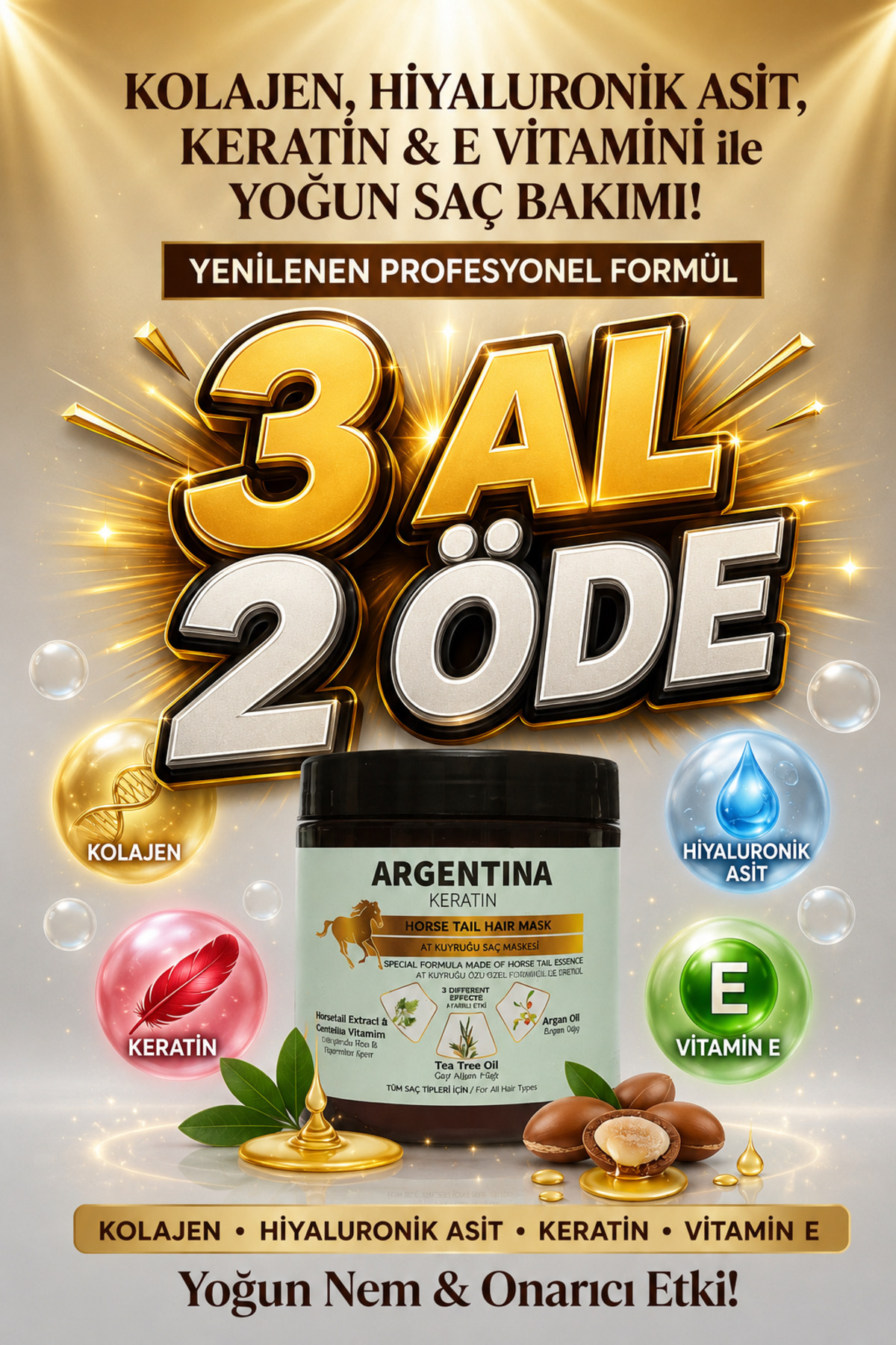 ARGENTİNA KERATİN Kolajen-Hyaluronik asit-Keratin-E vitamini At Kuyruğu Argan Yağlı Saç Maskesi 500ml
