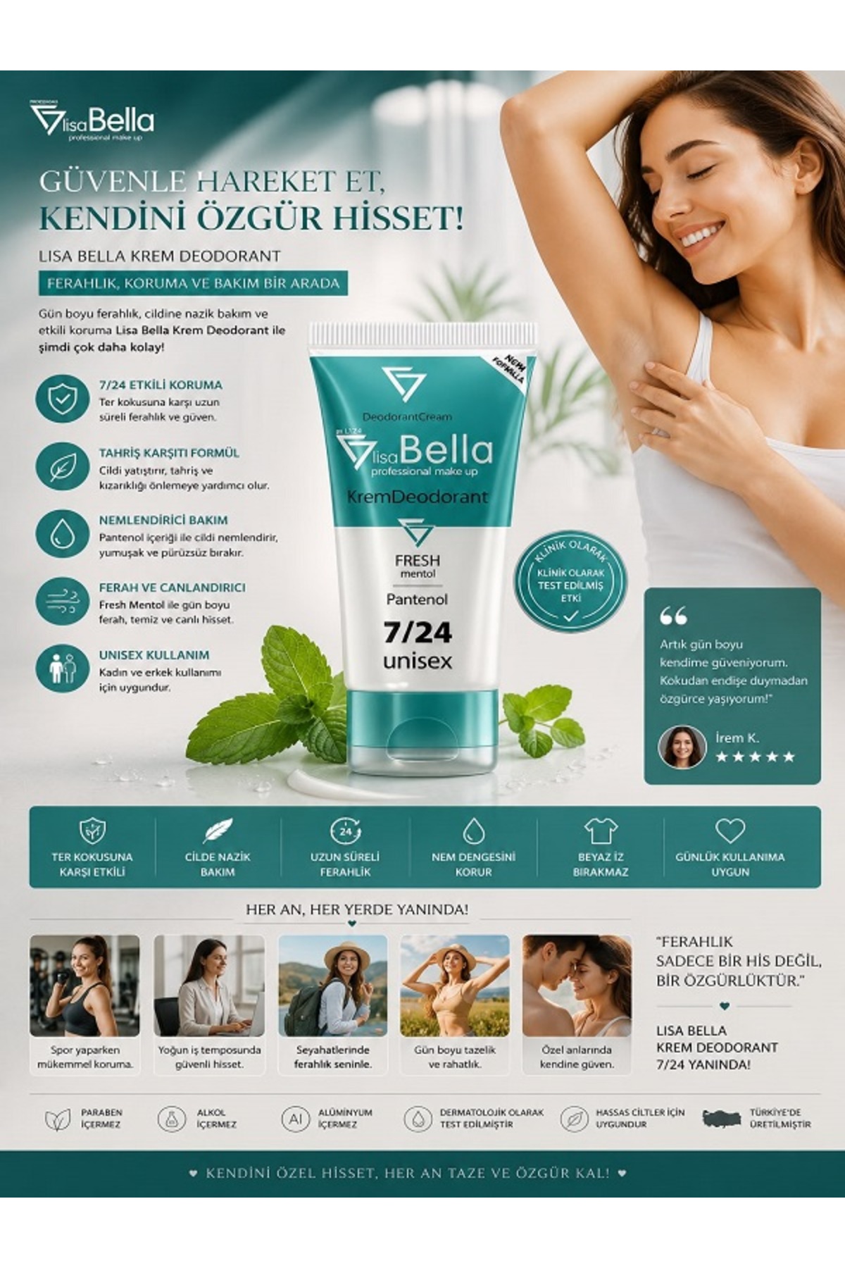 BY UTAH LİSA BELLA Fresh Mentol Ferahlığı 7 Gün Etkili Unisex Krem Deodorant 50 ml – Ter Kokusu Karşıtı