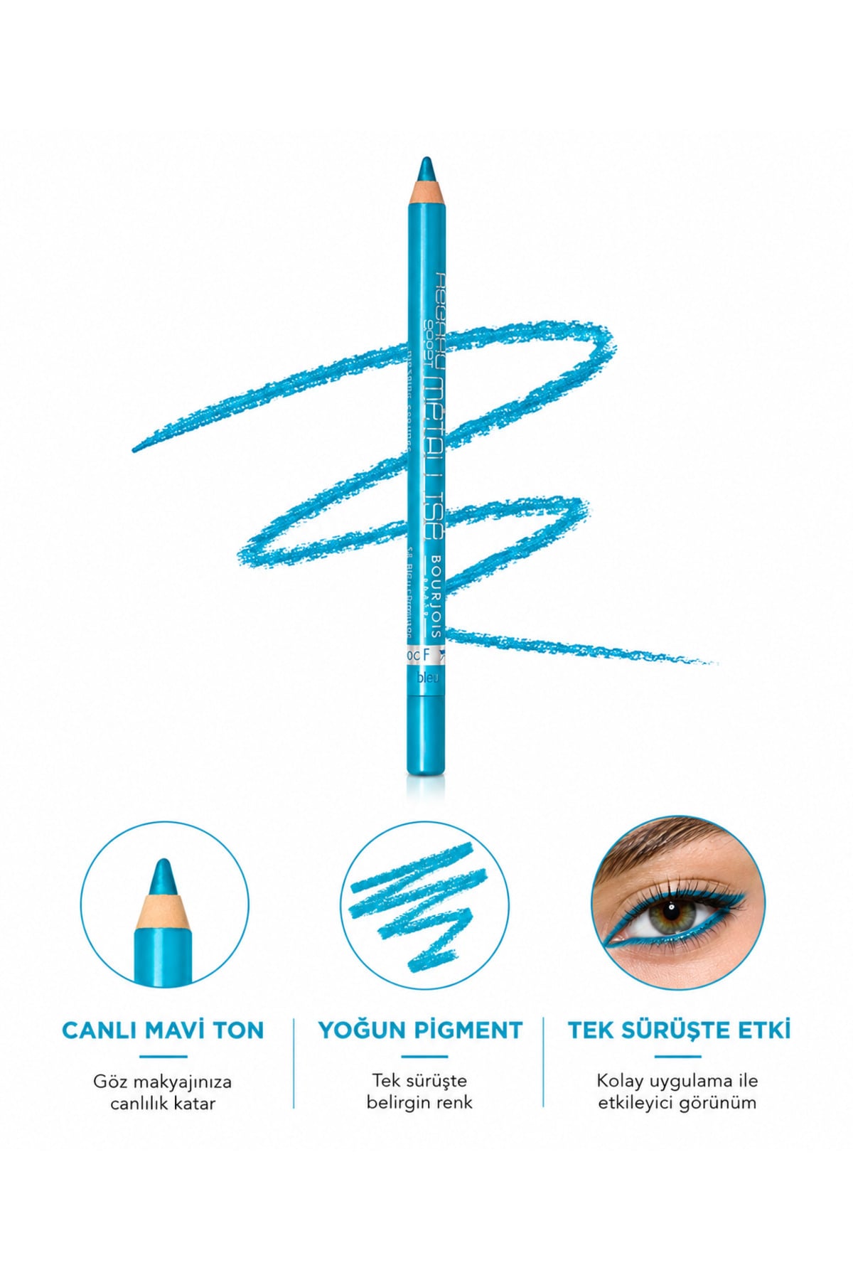 Bourjois Paris Regard Effect Mavi Göz Kalemi Blue – Suya Dayanıklı Metalik Yoğun Pigmentli Kalıcı Göz Kalemi