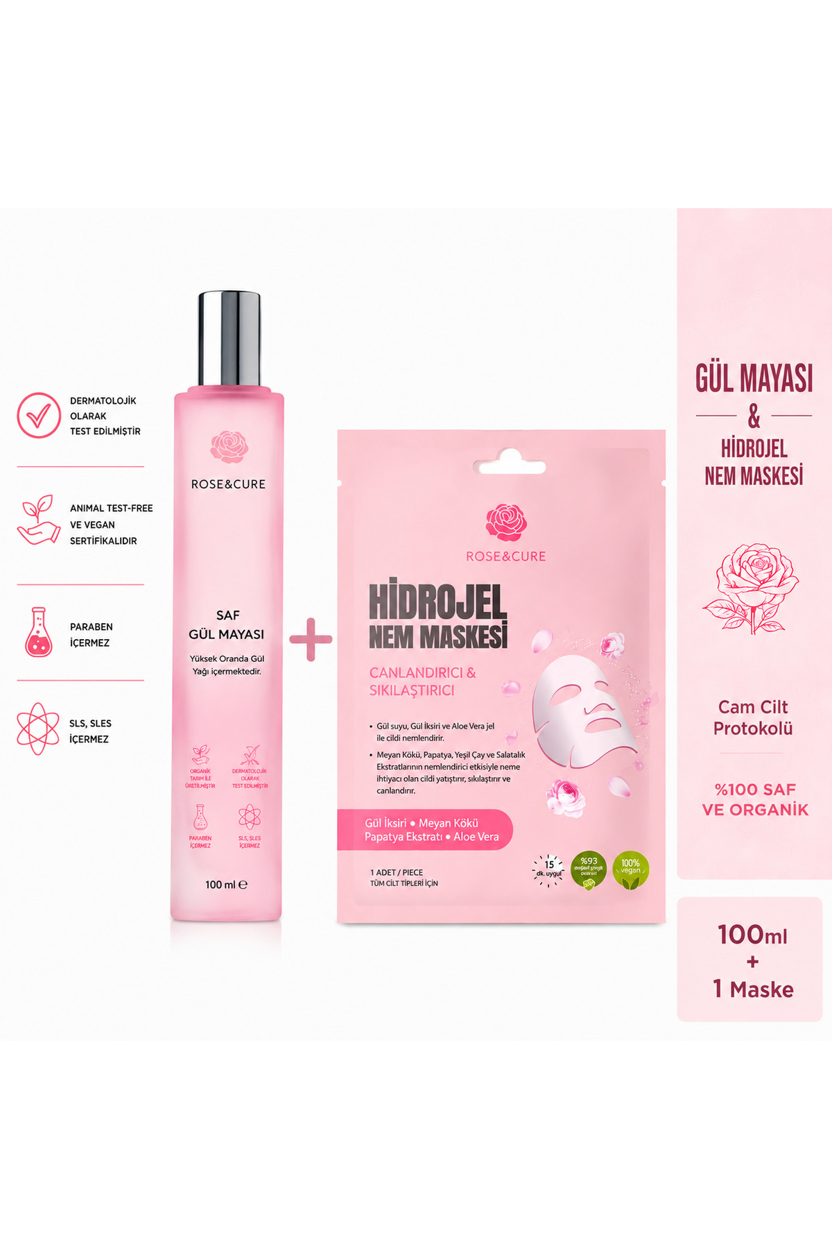 Rose and Cure Saf Gül Mayası ve Hidrojel Yüz Maskesi Seti