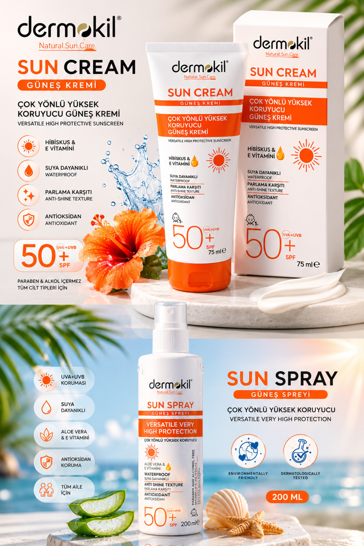 Dermokil SPF 50+ Güneş Kremi 75 Ml+Yüksek Koruyucu 200 Ml 2’Li Set