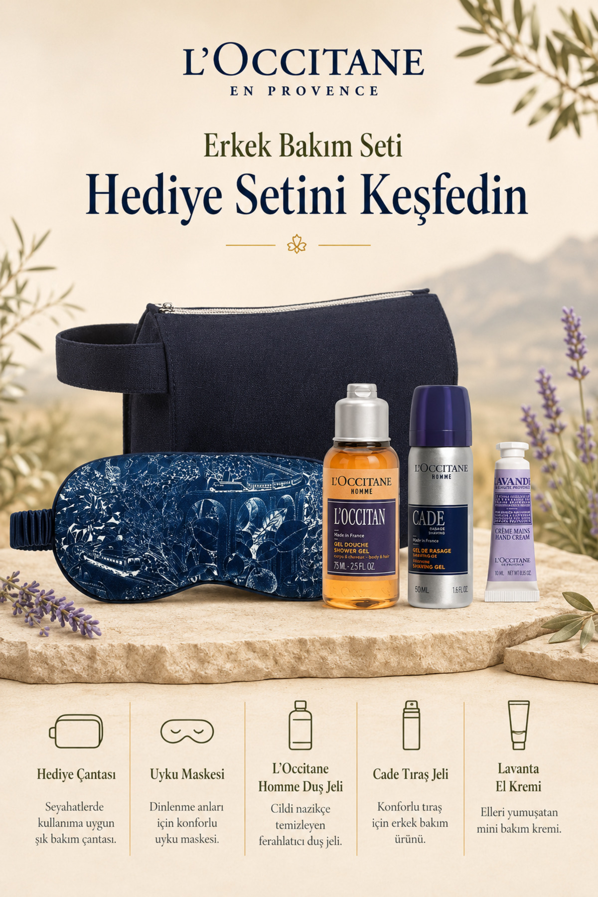 L'Occitane Erkek Bakım Seti, Özel Çantalı, 4'lü Set