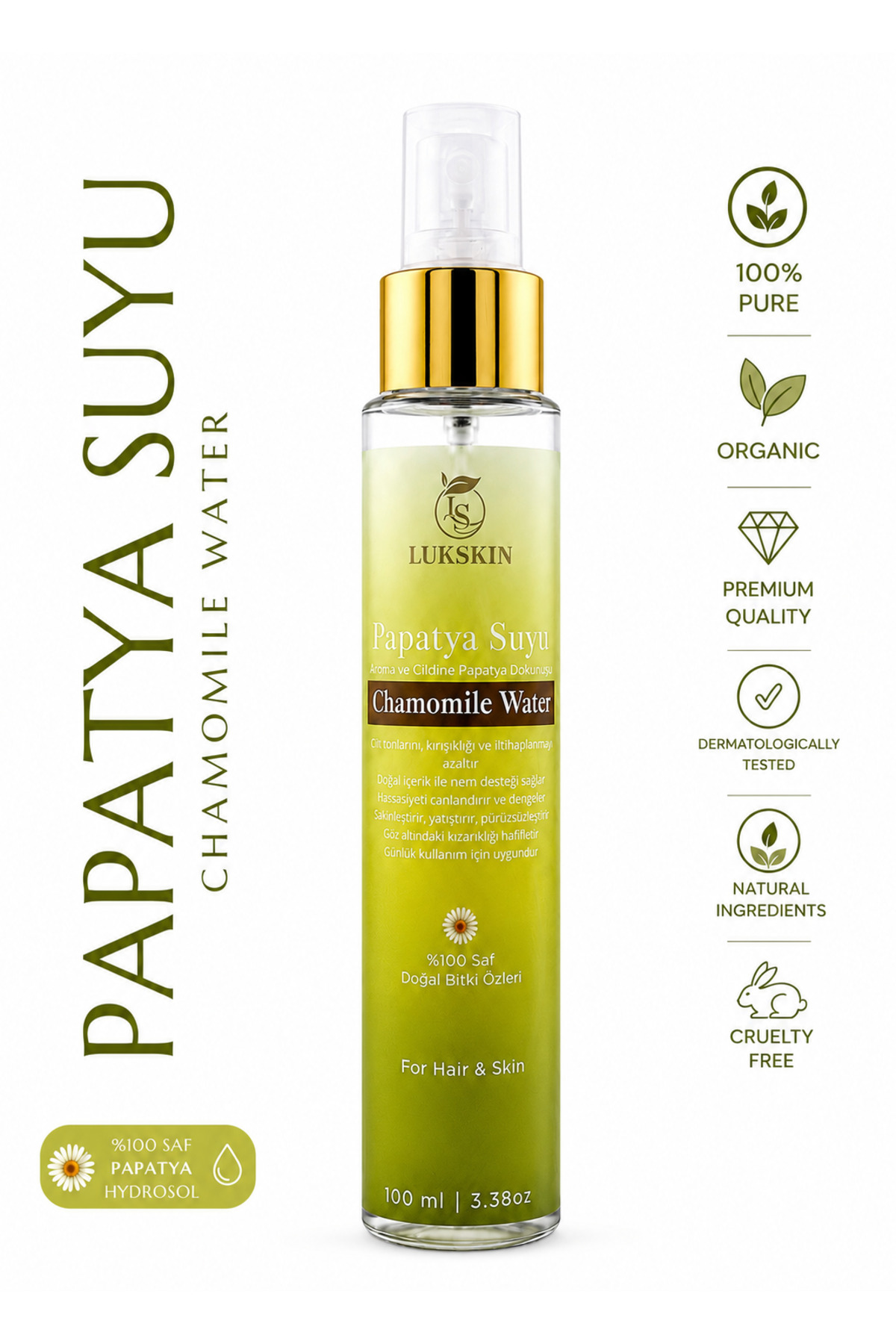LUKSKIN Papatya Suyu Saç Toniği Dökülme Karıştı ve Saç Uzmasını Destkleyici %100 Doğal Ve Saf 100 ml