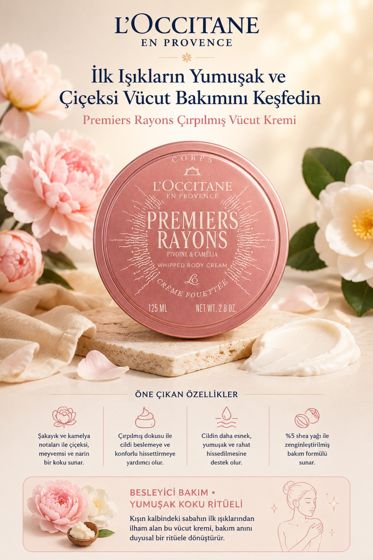 L'Occitane Peony Morning Vücut Kremi, Besleyici, %5 Shea Yağı İçeren, Şakayık Notaları, Limited Edition, 125 ml